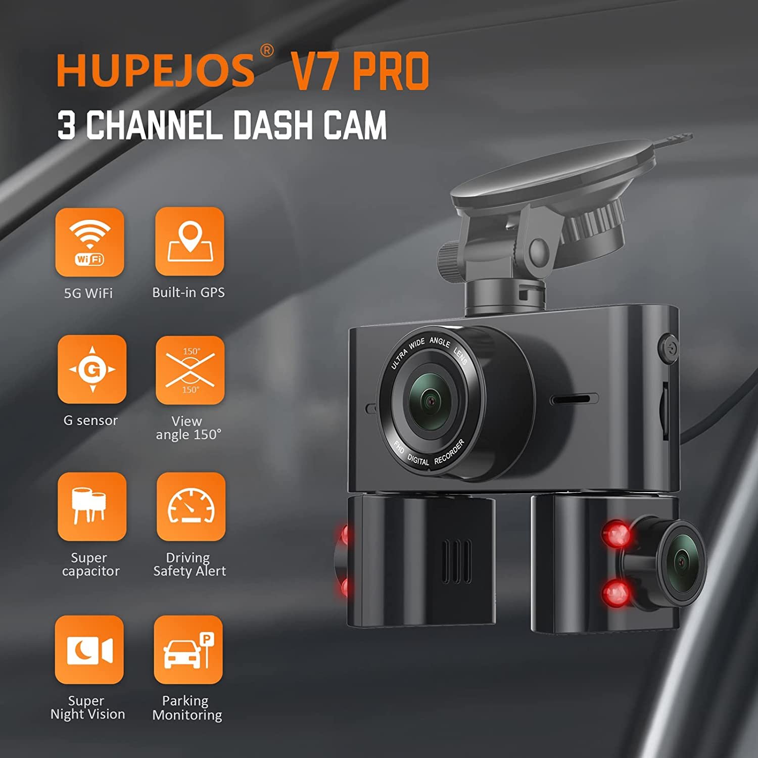 HUPEJOS V7PRO 4K Dash Cam PRO 3 Channel with 5GHz WiFi GPS, 128GB Card ...