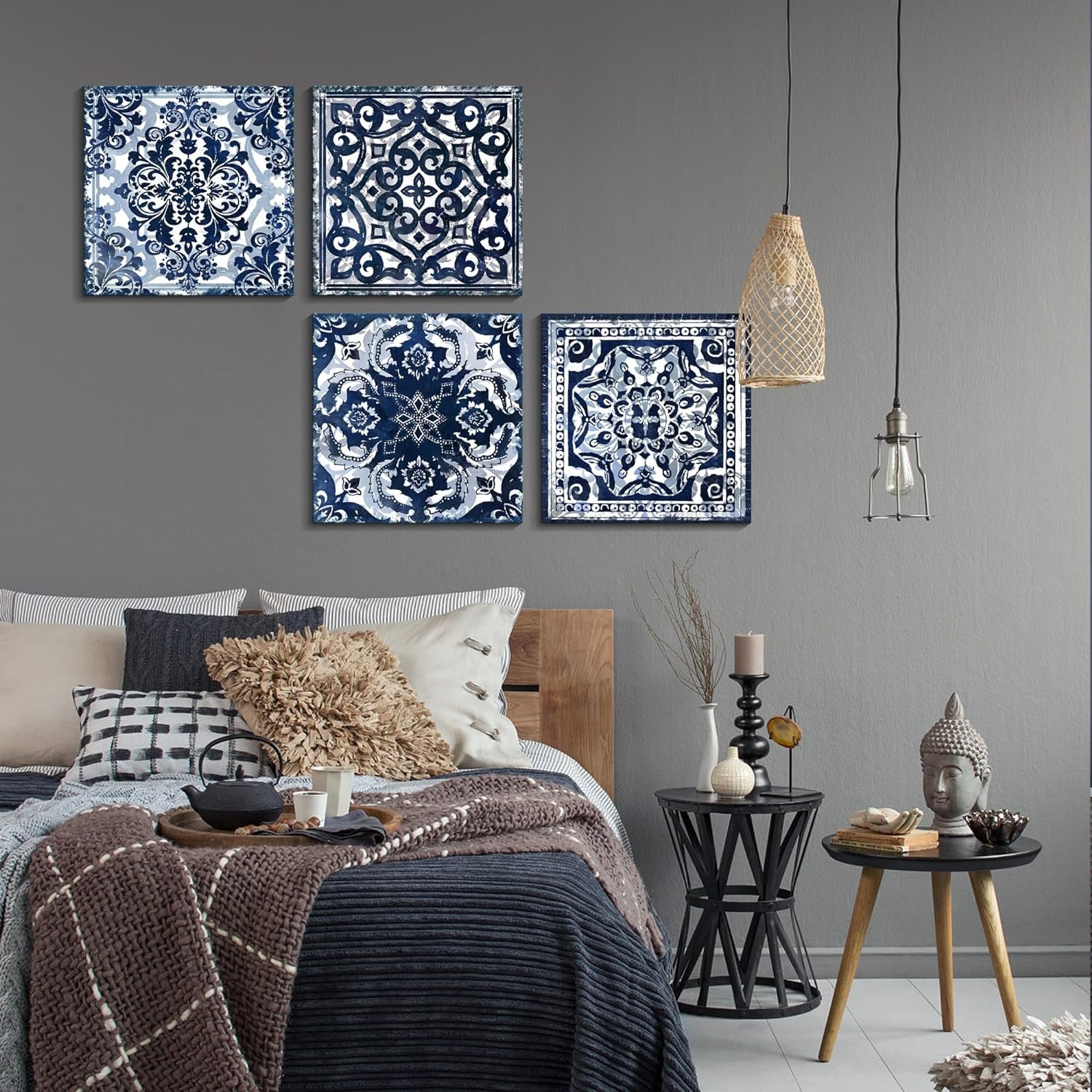 Bedroom Decor Canvas Wall Art Flower Pattern Prints Bathroom Abstract Pictures Modern Navy Framed Wall Decor Artwork for Walls Hang for Bedroom 4 Pieces Wall Decoration Size 14x14 Each Panel - Image 4