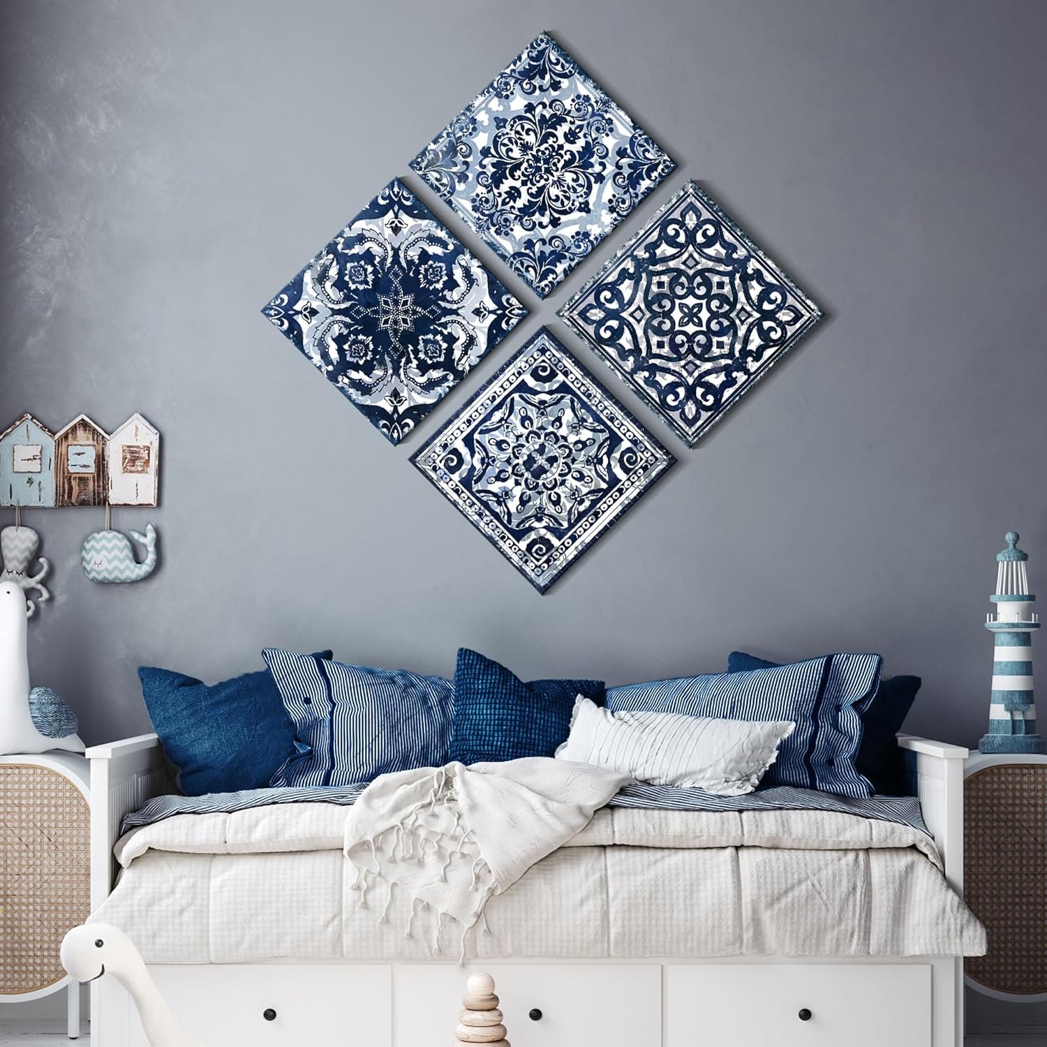Bedroom Decor Canvas Wall Art Flower Pattern Prints Bathroom Abstract Pictures Modern Navy Framed Wall Decor Artwork for Walls Hang for Bedroom 4 Pieces Wall Decoration Size 14x14 Each Panel - Image 5