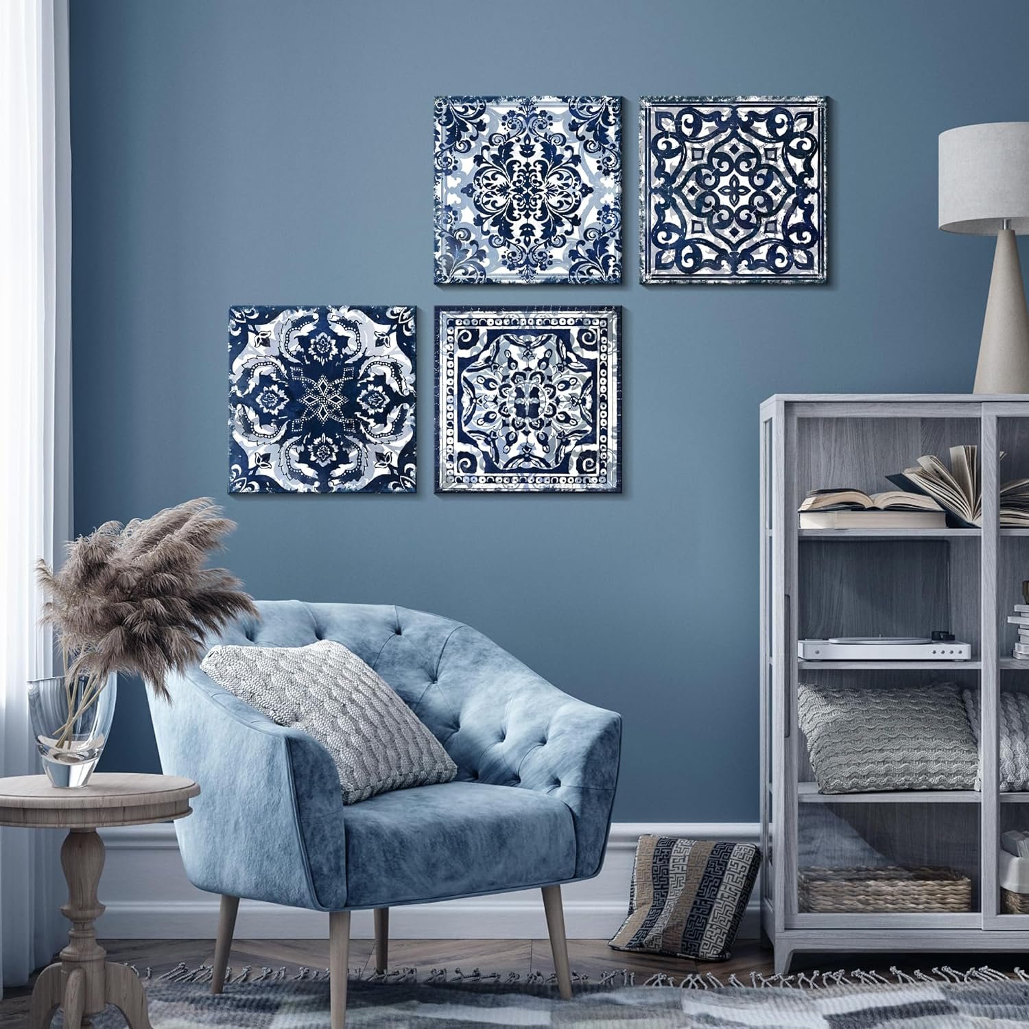 Bedroom Decor Canvas Wall Art Flower Pattern Prints Bathroom Abstract Pictures Modern Navy Framed Wall Decor Artwork for Walls Hang for Bedroom 4 Pieces Wall Decoration Size 14x14 Each Panel - Image 6