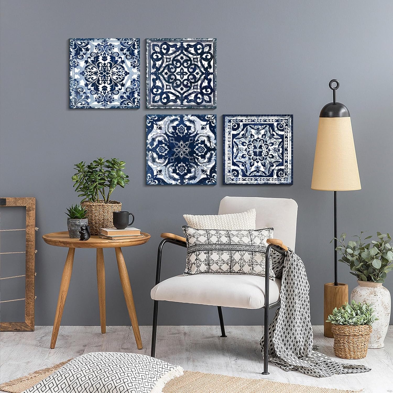Bedroom Decor Canvas Wall Art Flower Pattern Prints Bathroom Abstract Pictures Modern Navy Framed Wall Decor Artwork for Walls Hang for Bedroom 4 Pieces Wall Decoration Size 14x14 Each Panel - Image 7