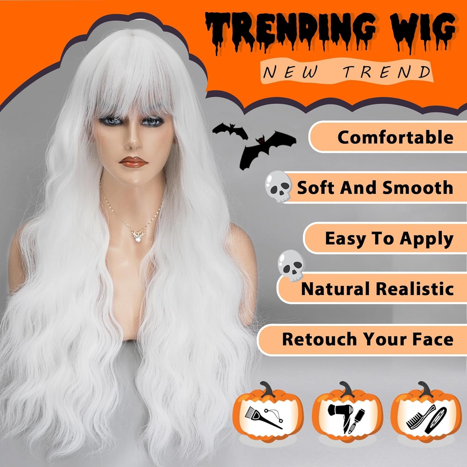White Wig Long Wavy Wig with Bangs White Hair Wigs for Women Heat Resistant Synthetic Wig Colored Wigs for Daily Cosplay Party Use 26 Inch - Image 7