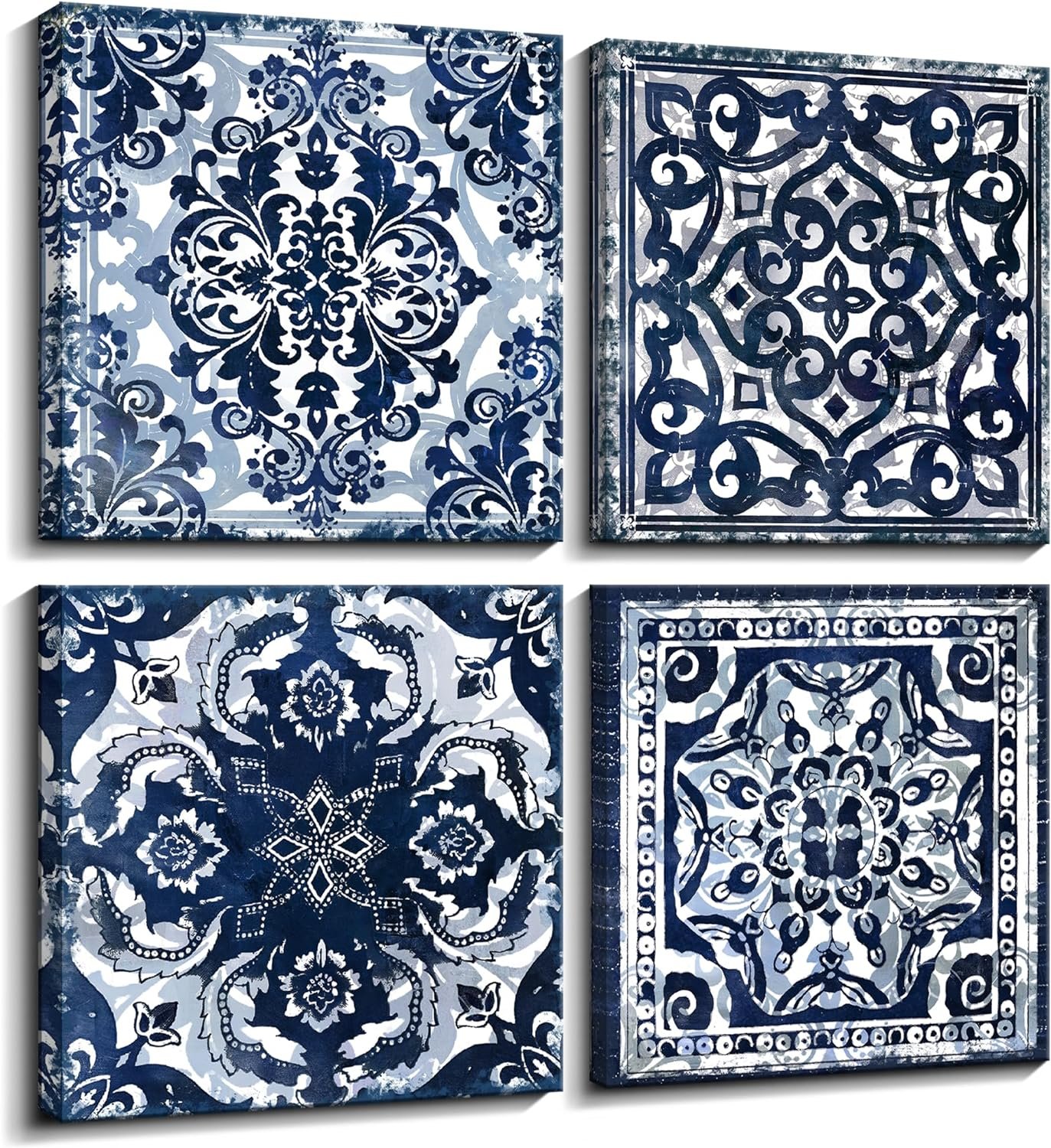 Bedroom Decor Canvas Wall Art Flower Pattern Prints Bathroom Abstract Pictures Modern Navy Framed Wall Decor Artwork for Walls Hang for Bedroom 4 Pieces Wall Decoration Size 14x14 Each Panel - Image 2