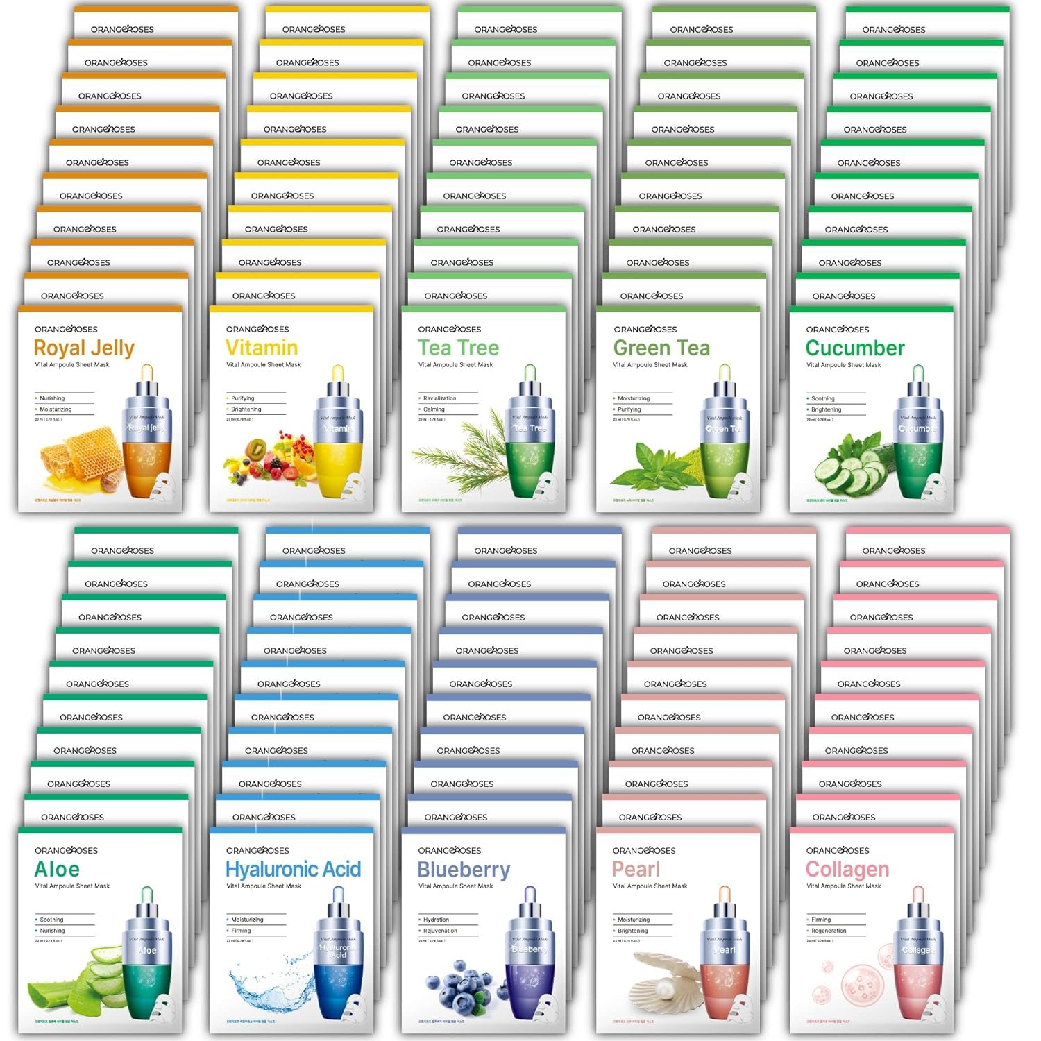 【Orangeroses】 100 Pcs Combo Pack, Premium Korean Essence Facial Mask Sheet (10 Types x 10 pcs) - Image 2
