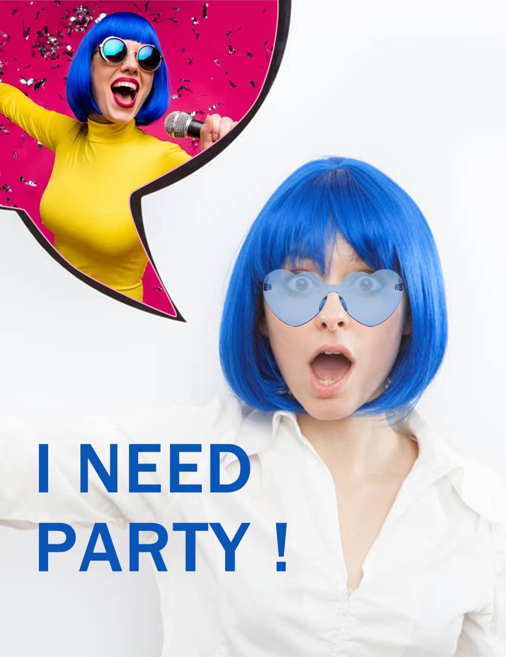 Blue Wig and Party Sunglasses, Color Bob Wig, Cosplay Wigs and Party Wigs, Rainbow Wig with Neon Glasses Blue Wig for Women - Bachelorette Party Wigs Decorations Favors (Blue) - Image 3