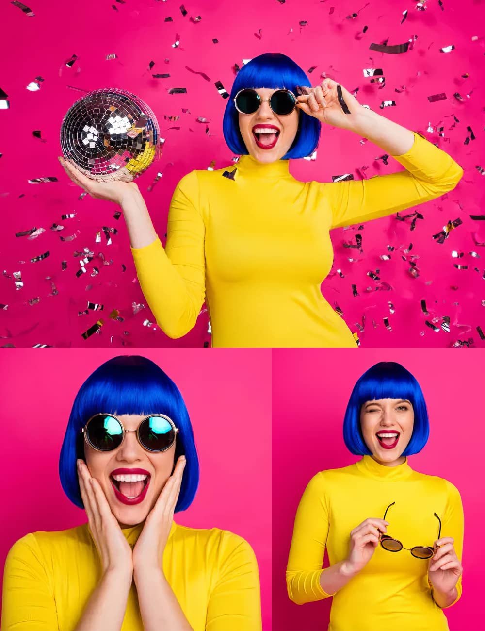 Blue Wig and Party Sunglasses, Color Bob Wig, Cosplay Wigs and Party Wigs, Rainbow Wig with Neon Glasses Blue Wig for Women - Bachelorette Party Wigs Decorations Favors (Blue) - Image 4