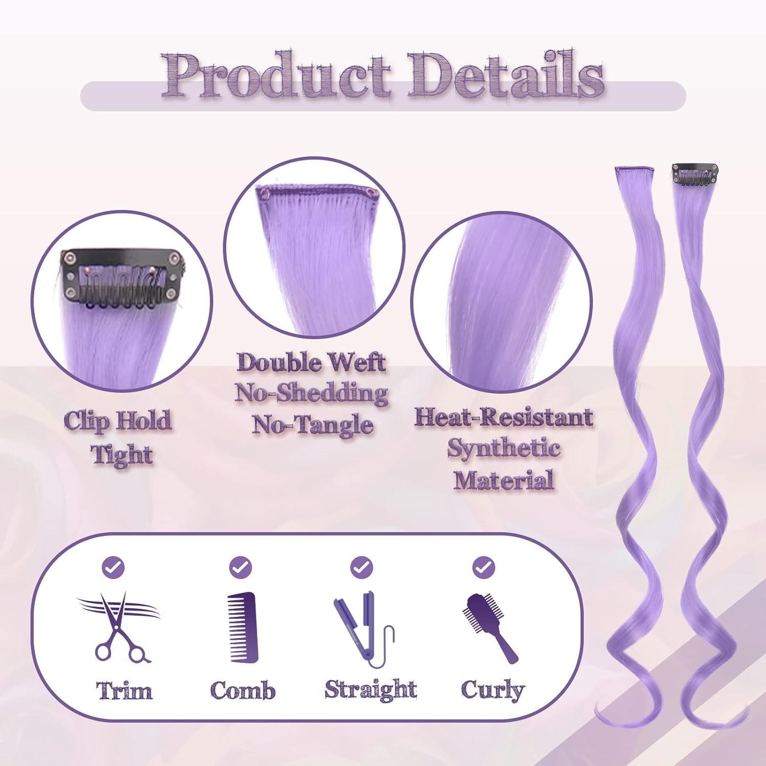 SOFEIYAN 10 Pcs Colored Hair Extensions Party Highlights Colorful Clip in Hair Extensions 17 Inch Curly Wavy Synthetic Hairpieces for Women Kids Girls Halloween Christmas Cosplay, 10Pcs Lilac Purple - Image 3