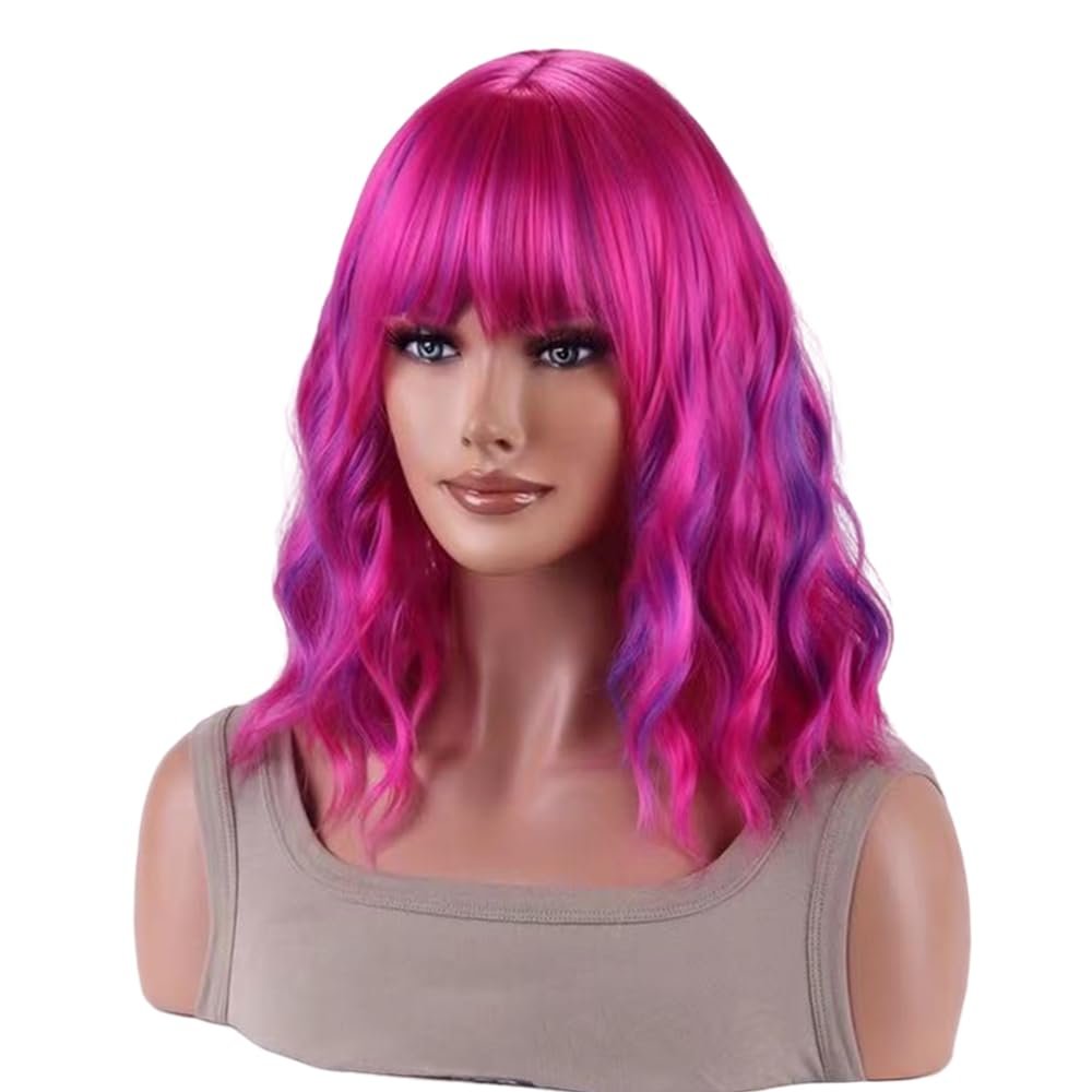 AneShe Short Colored Bob Wavy Wig for Women Curly Shoulder Length Bob Synthetic Wig Colorful Costume Wigs for Party Cosplay (14" Rose Mixed Purple) - Image 3