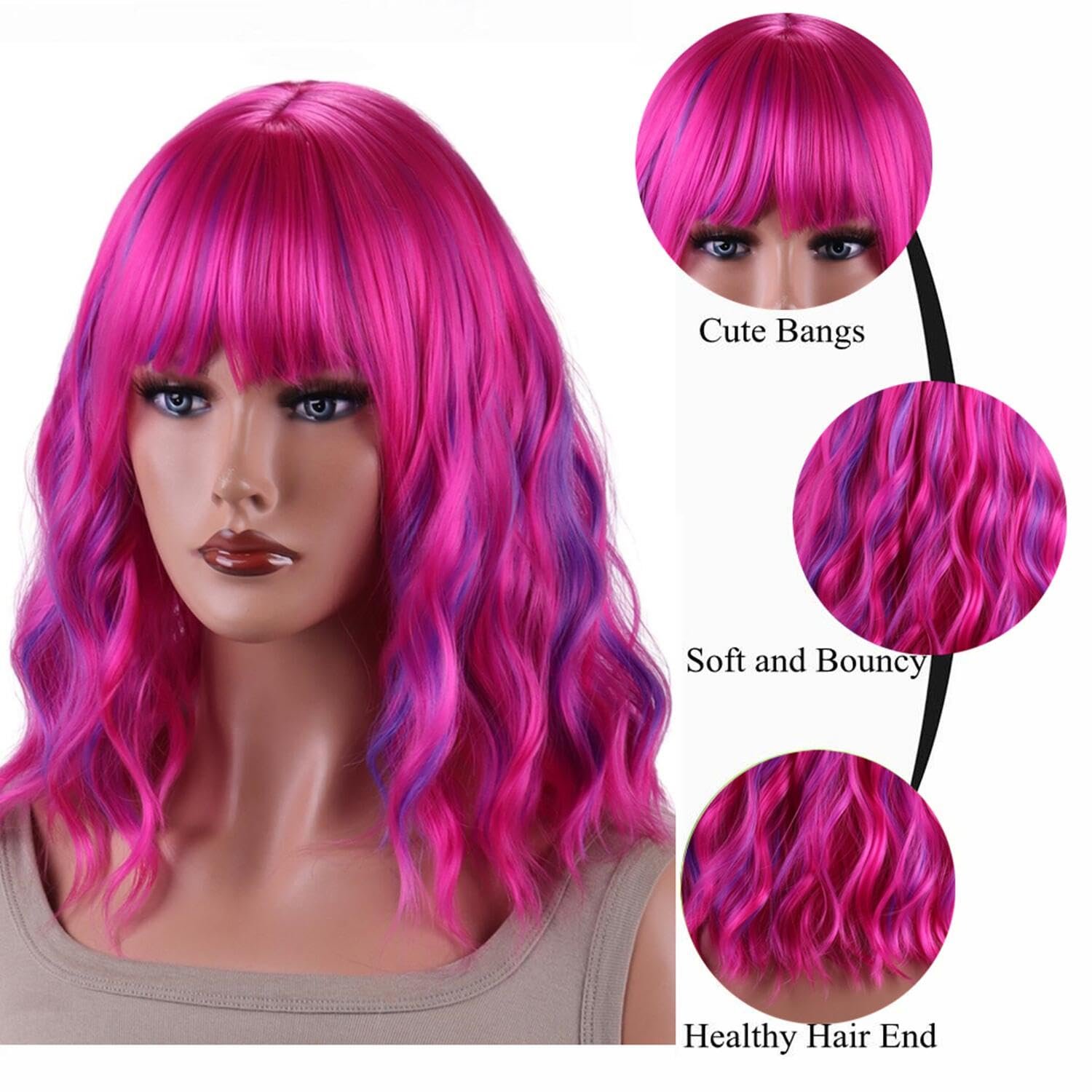 AneShe Short Colored Bob Wavy Wig for Women Curly Shoulder Length Bob Synthetic Wig Colorful Costume Wigs for Party Cosplay (14" Rose Mixed Purple) - Image 4