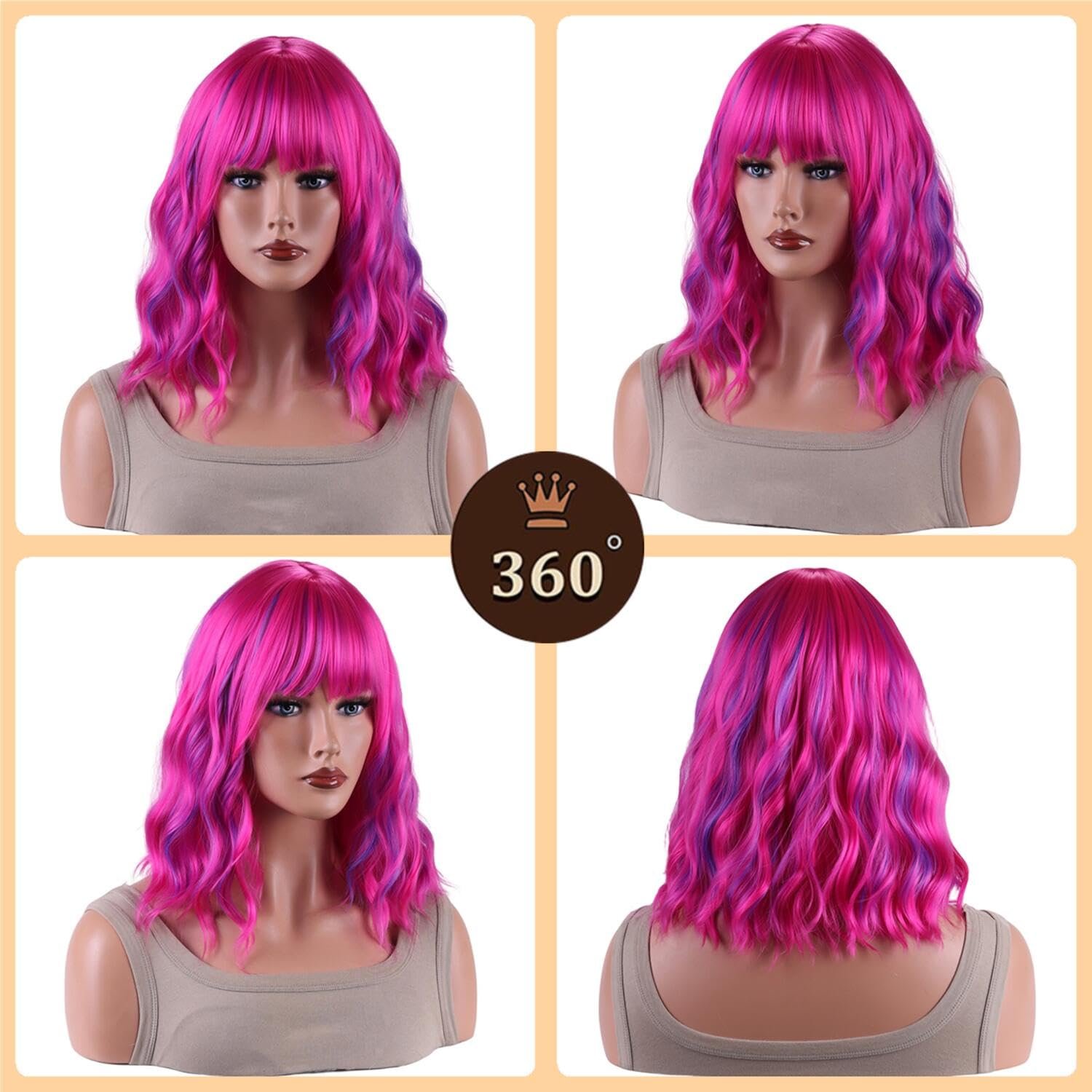 AneShe Short Colored Bob Wavy Wig for Women Curly Shoulder Length Bob Synthetic Wig Colorful Costume Wigs for Party Cosplay (14" Rose Mixed Purple) - Image 5