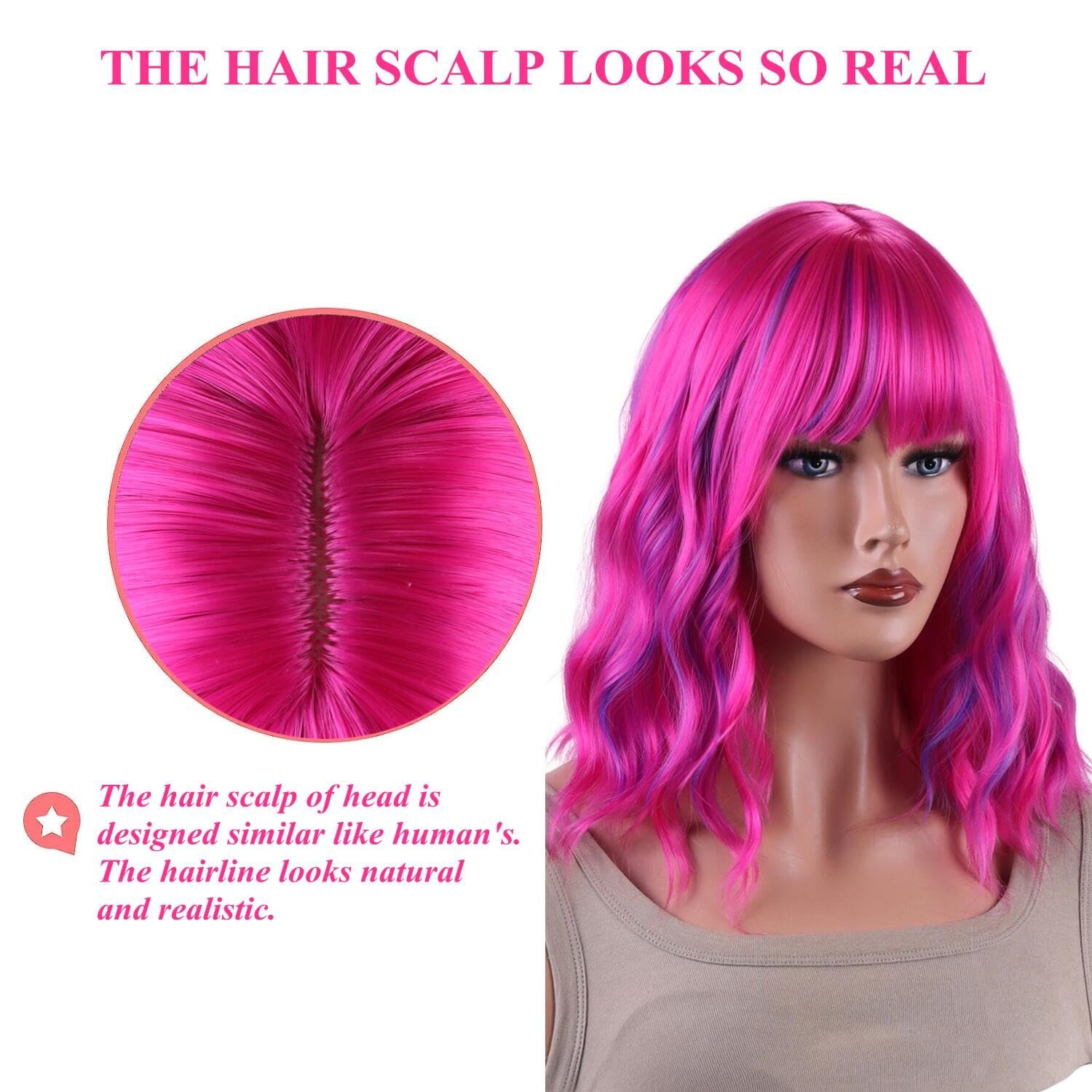 AneShe Short Colored Bob Wavy Wig for Women Curly Shoulder Length Bob Synthetic Wig Colorful Costume Wigs for Party Cosplay (14" Rose Mixed Purple) - Image 6