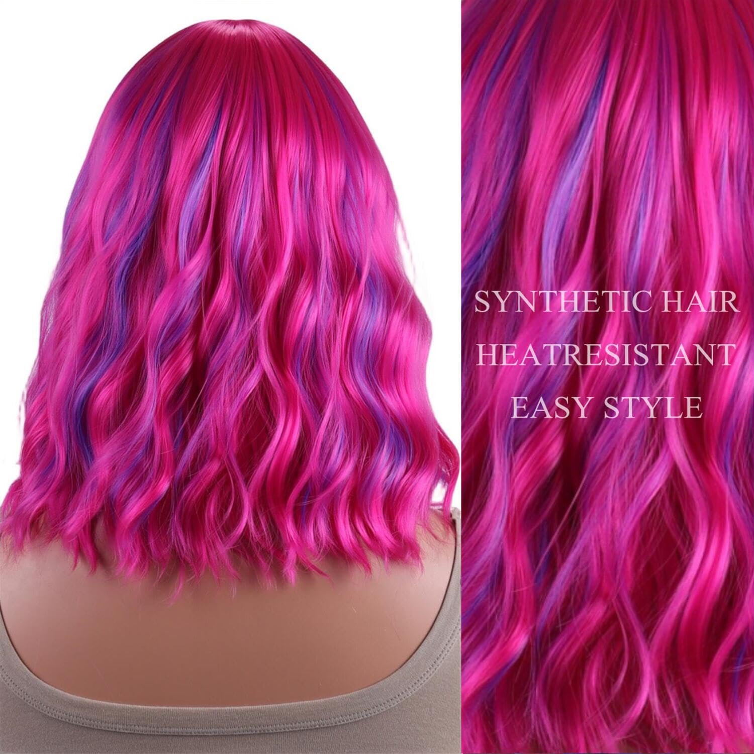 AneShe Short Colored Bob Wavy Wig for Women Curly Shoulder Length Bob Synthetic Wig Colorful Costume Wigs for Party Cosplay (14" Rose Mixed Purple) - Image 7