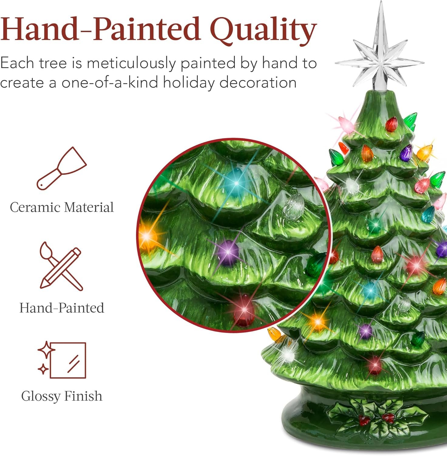 Best Choice Products 15in Ceramic Christmas Tree, Pre-lit Hand-Painted Tabletop Holiday Tree, Star Topper, 64 Lights - Green w/Multicolored Bulbs - Image 3