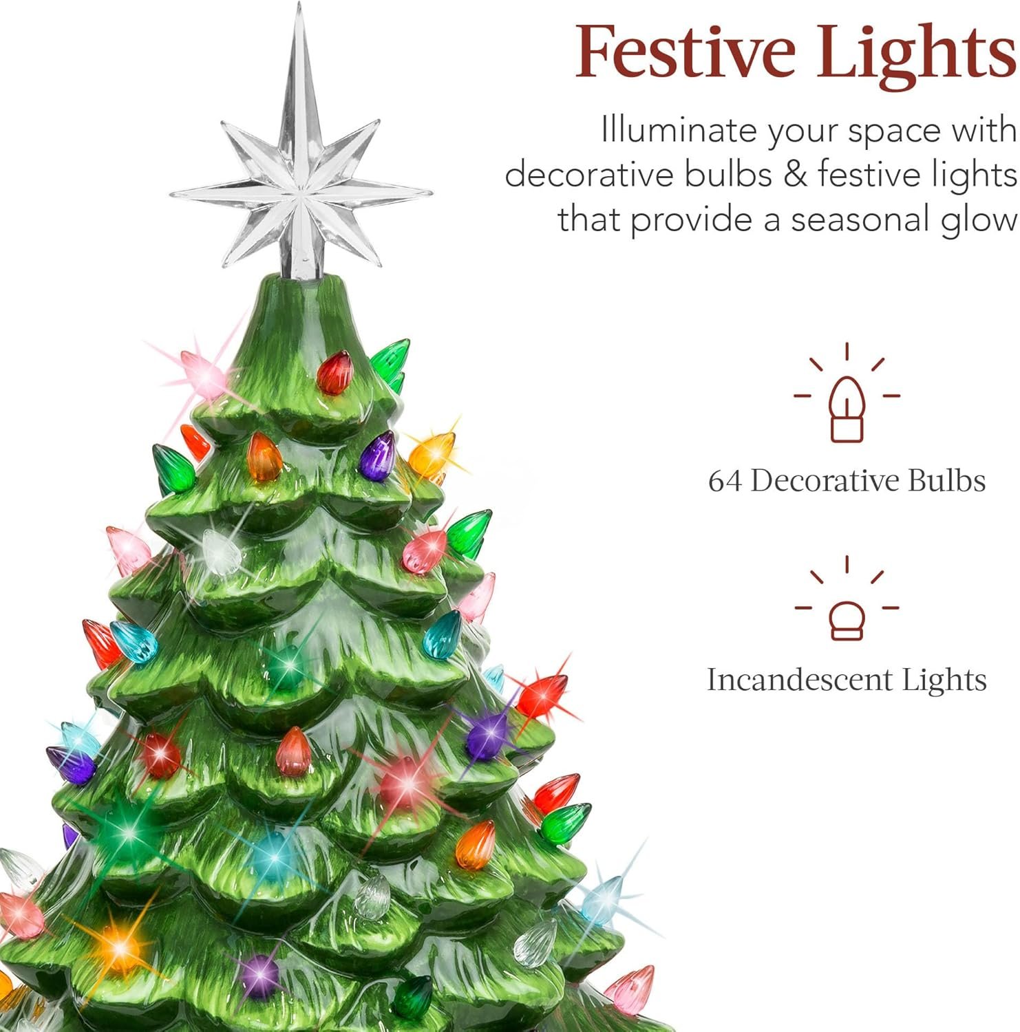 Best Choice Products 15in Ceramic Christmas Tree, Pre-lit Hand-Painted Tabletop Holiday Tree, Star Topper, 64 Lights - Green w/Multicolored Bulbs - Image 4