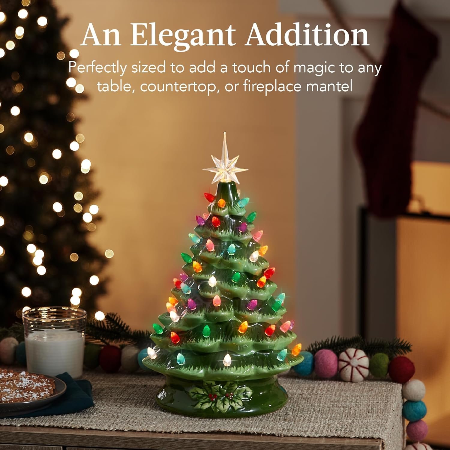Best Choice Products 15in Ceramic Christmas Tree, Pre-lit Hand-Painted Tabletop Holiday Tree, Star Topper, 64 Lights - Green w/Multicolored Bulbs - Image 6