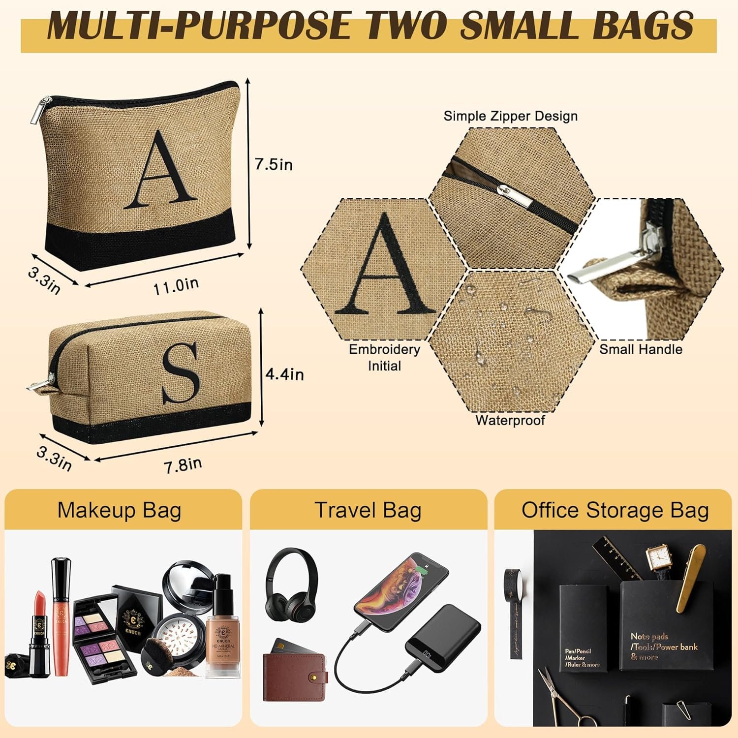 YOOLIFE Initial Jute Tote Bag & 2 Makeup Bags with Zipper Personalized Mom Gifts Best Friend Birthday Gifts for Women Her - Image 5