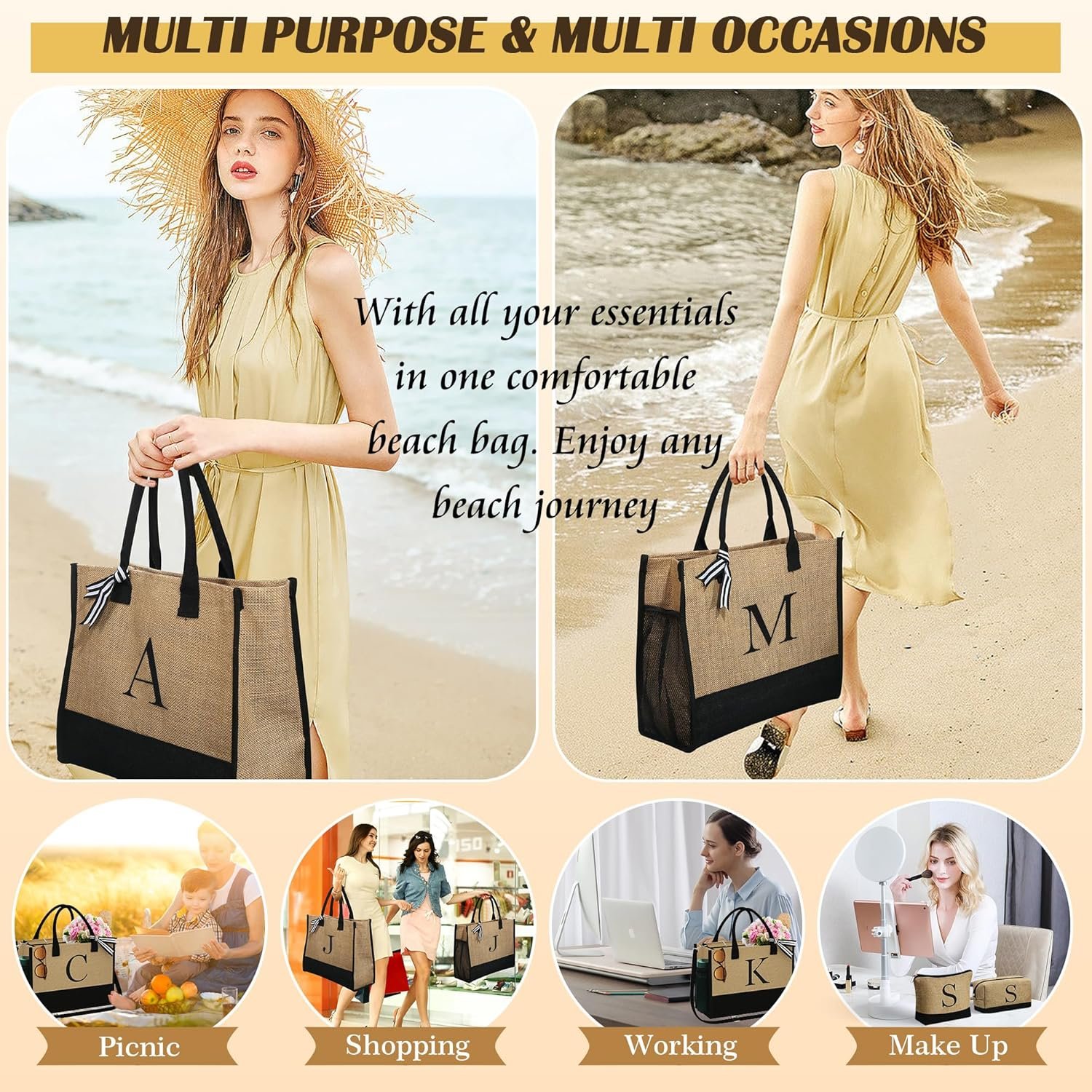 YOOLIFE Initial Jute Tote Bag & 2 Makeup Bags with Zipper Personalized Mom Gifts Best Friend Birthday Gifts for Women Her - Image 7