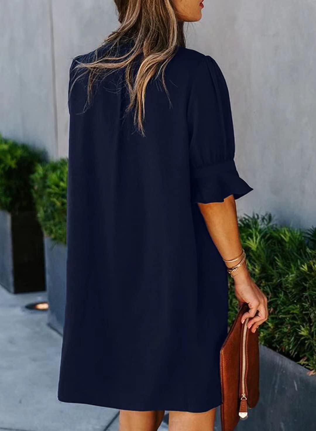 Wkior Shift Dress for Women V Neck Short Sleeves Solid Color Casual Flowy Summer Dresses(S-2XL) - Image 5