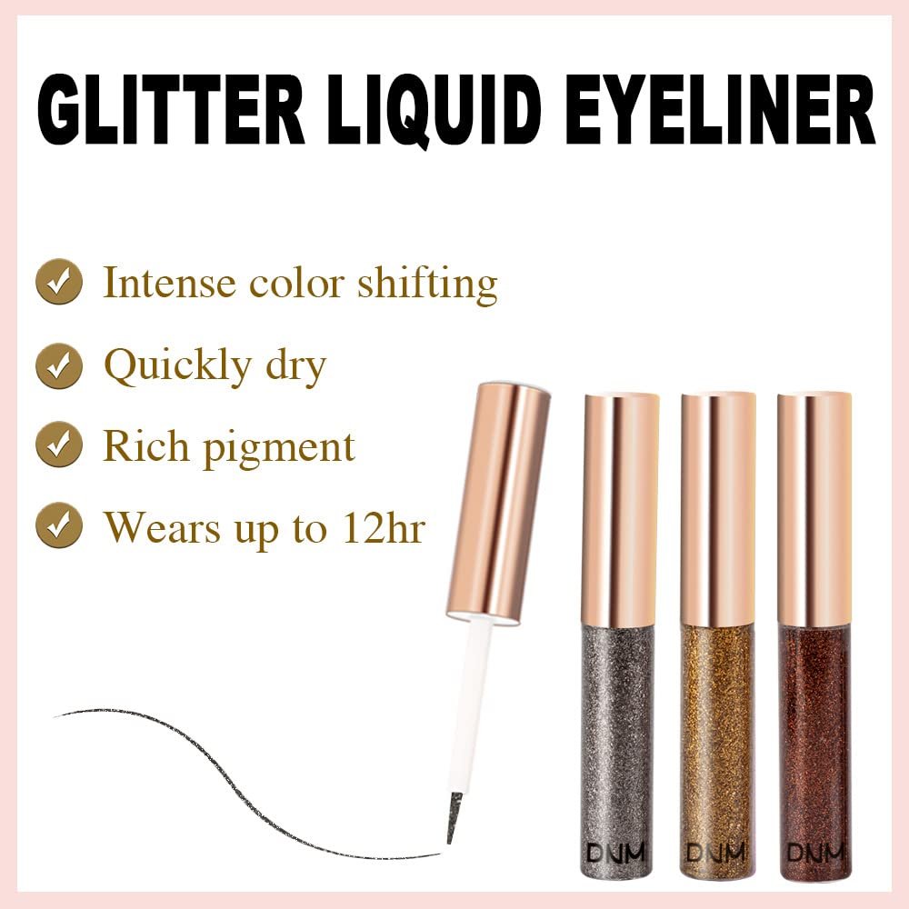 DNM 3Pcs Liquid Glitter Gold Eyeliner Set delineadores de colores para ojos Glitter Shimmer Metallic Sparkle Dark Silver Brown Gold Red Eyeliner Liner Set Eye Glitter Makeup Glue for Eyes 14+15+16 - Image 4