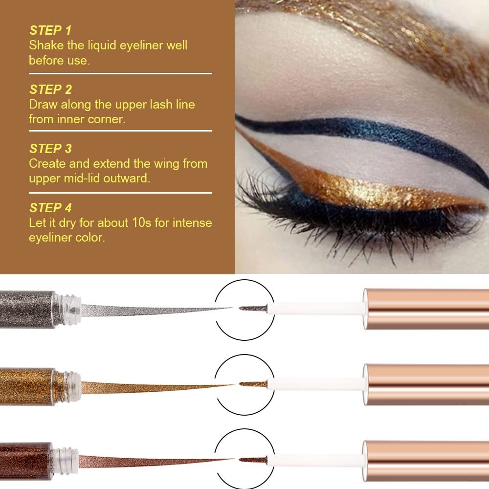 DNM 3Pcs Liquid Glitter Gold Eyeliner Set delineadores de colores para ojos Glitter Shimmer Metallic Sparkle Dark Silver Brown Gold Red Eyeliner Liner Set Eye Glitter Makeup Glue for Eyes 14+15+16 - Image 7