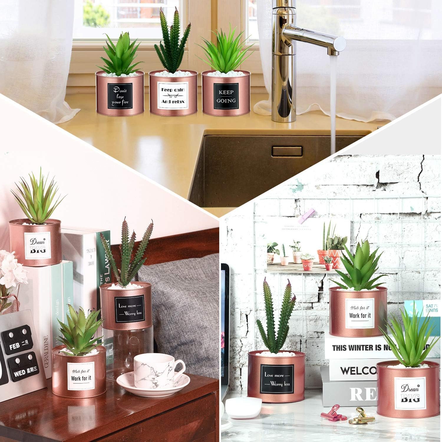 WILLBOND 3 Pots Succulent Office Decor for Women Desk, Boho Decor for Kitchen Office Bookshelf Bedroom College Dorm Artificial Plant Cactus Succulent for Kitchen Decorations (Rose Gold) - Image 6
