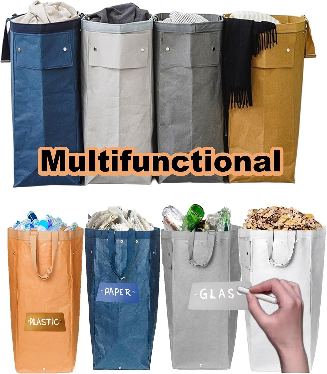 Kitchen Recycling Bin, Large Washable Paper Bags - Sturdy, Foldable, Space-Saving - Multipurpose Trash Can for Kitchen, Garden, and Indoor Use, 4 Colors, 4 Packs/Set - Image 5