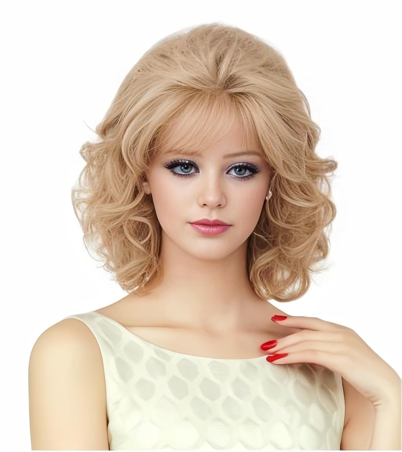 Rugelyss Vintage Short Blonde Beehive Wig with Bangs Curly Wavy Heat Resistant Synthetic Hair Wigs for Women fits 70s 80s Costume or Halloween and Party - Image 3