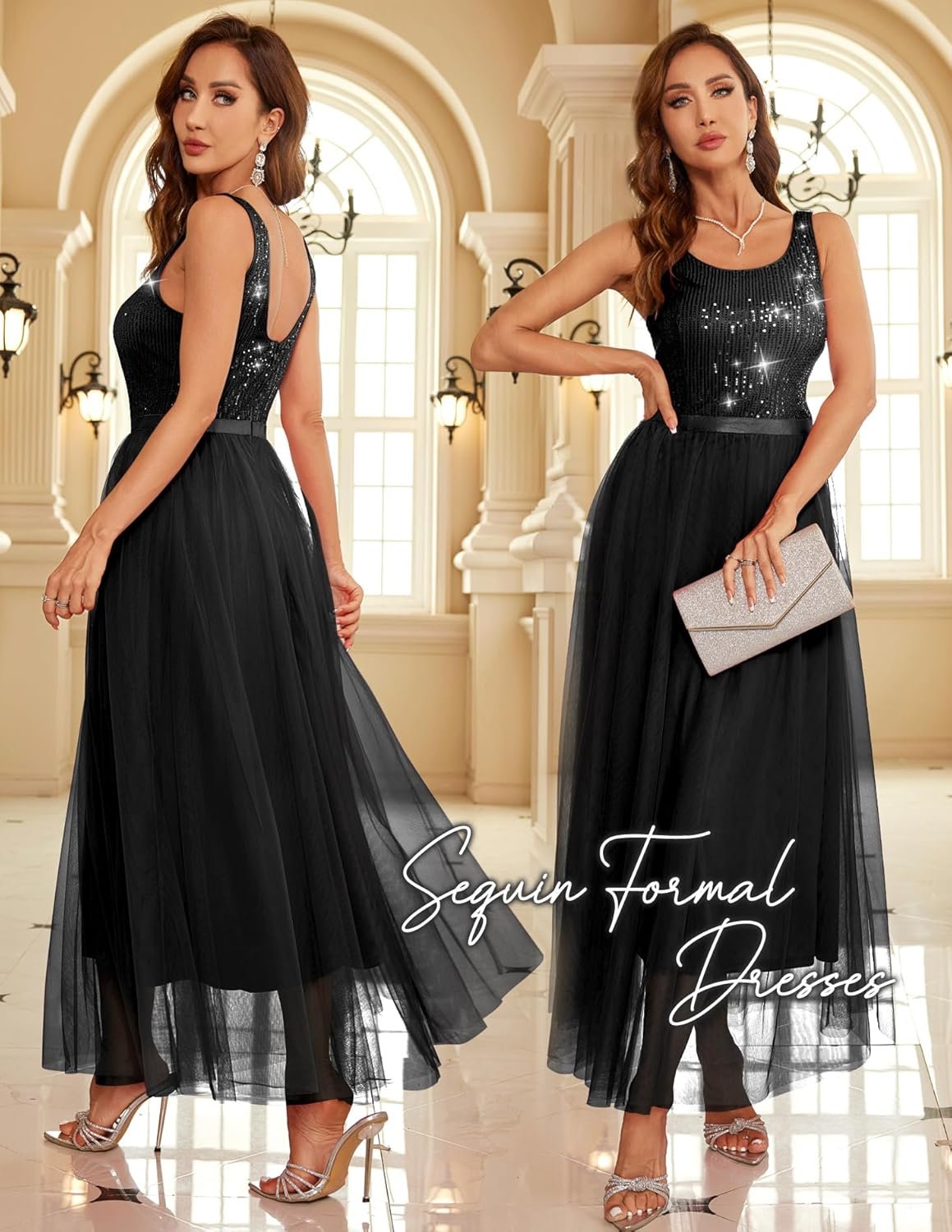 BeryLove Sequin Dress for Woman Vintage A Line Wedding Formal Swing Mesh Dress Sleeveless Cocktail Maxi Gowns - Image 3