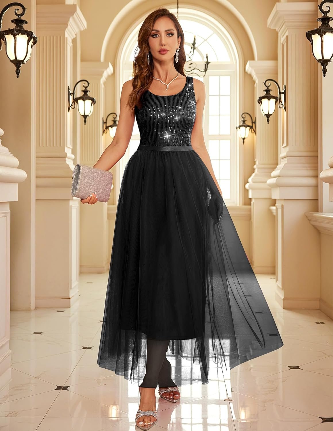 BeryLove Sequin Dress for Woman Vintage A Line Wedding Formal Swing Mesh Dress Sleeveless Cocktail Maxi Gowns - Image 4