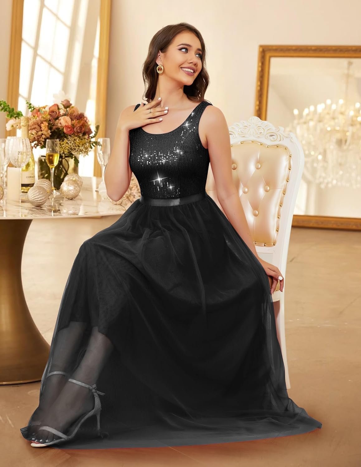 BeryLove Sequin Dress for Woman Vintage A Line Wedding Formal Swing Mesh Dress Sleeveless Cocktail Maxi Gowns - Image 6