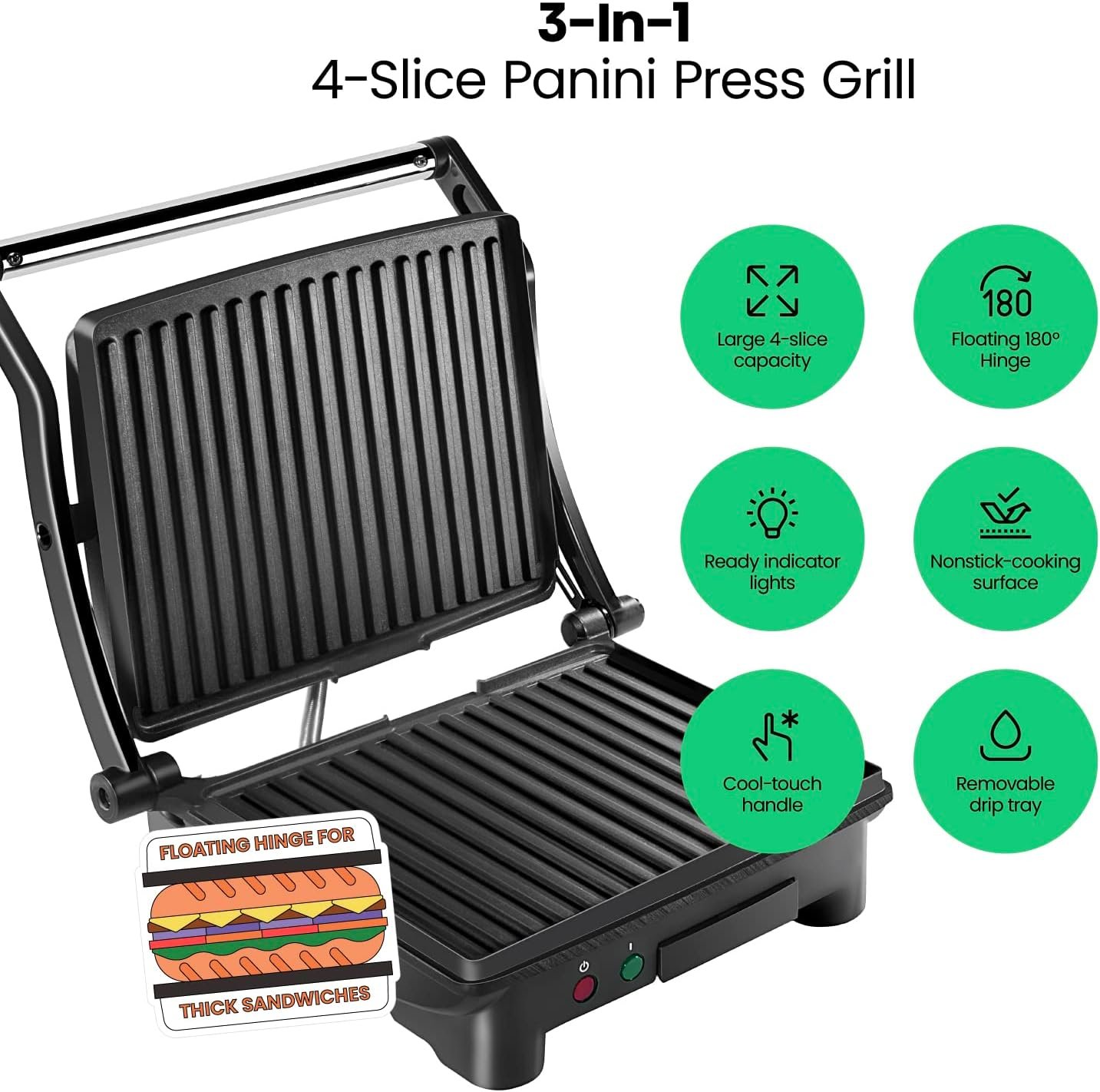 Chefman Panini Press Grill and Gourmet Sandwich Maker Non-Stick Coated Plates, Opens 180 Degrees to Fit Any Type or Size of Food, Stainless Steel Surface and Removable Drip Tray, 4 Slice, Black - Image 3