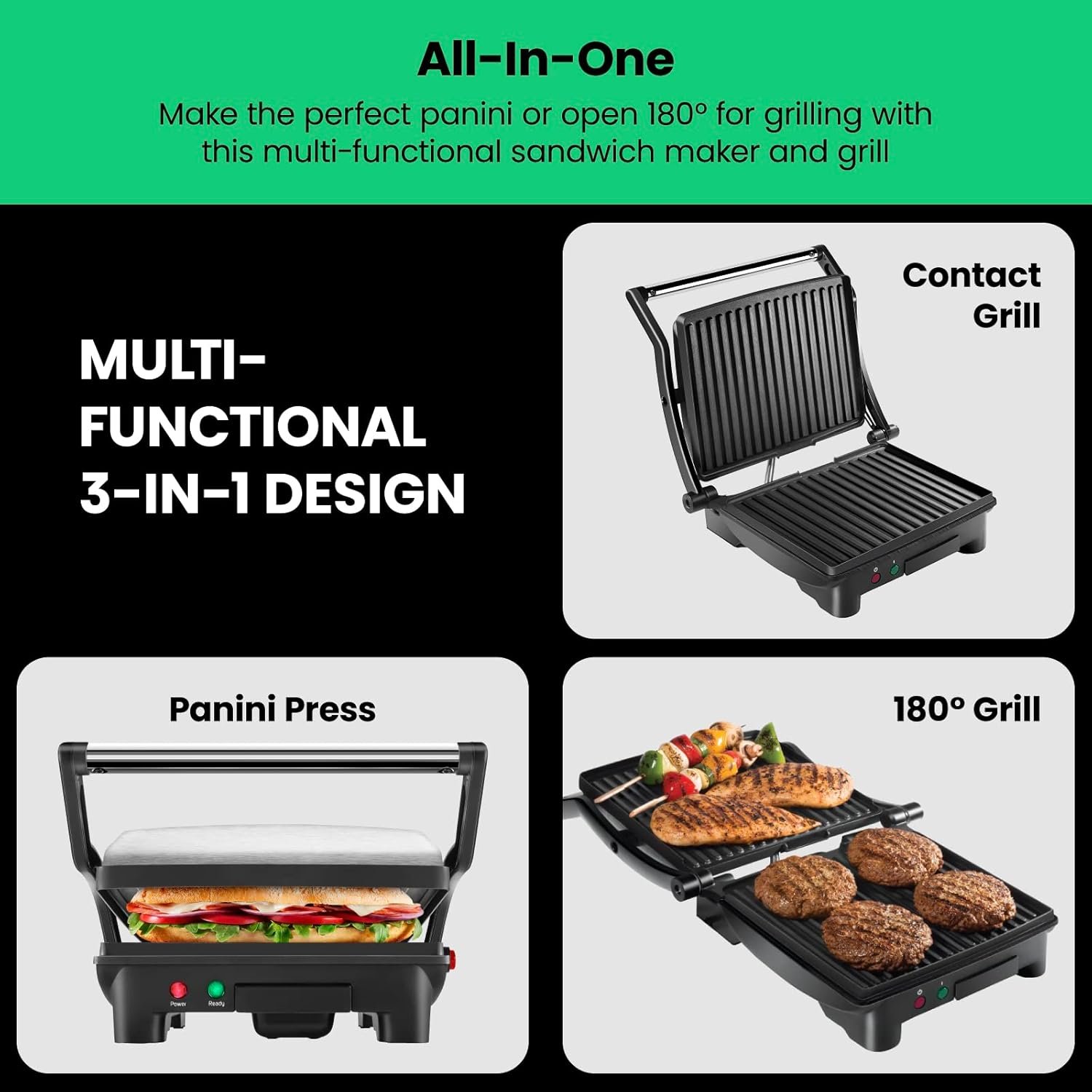 Chefman Panini Press Grill and Gourmet Sandwich Maker Non-Stick Coated Plates, Opens 180 Degrees to Fit Any Type or Size of Food, Stainless Steel Surface and Removable Drip Tray, 4 Slice, Black - Image 4