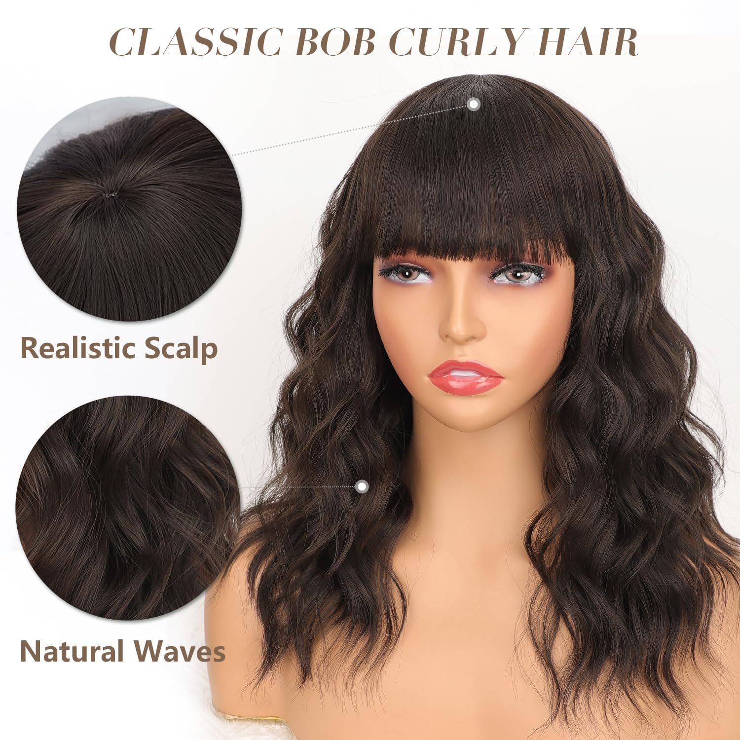 Nnzes Short Bob Wig with Bangs for Women Shoulder Length Bob Curly Wig Dark Brown Wavy Wig Synthetic Heat Resistant Fiber Hair for Daily Party Use - Image 3