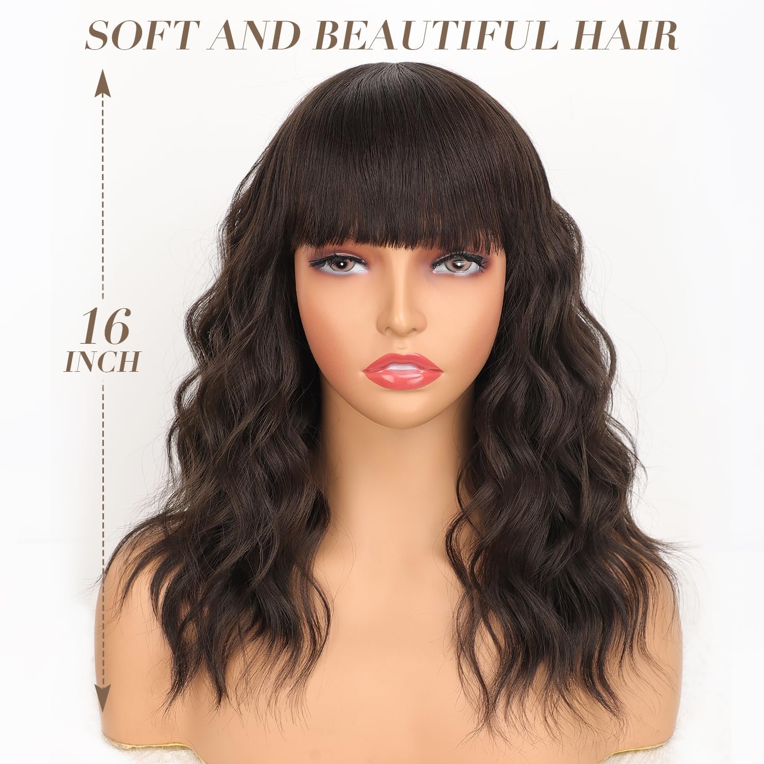 Nnzes Short Bob Wig with Bangs for Women Shoulder Length Bob Curly Wig Dark Brown Wavy Wig Synthetic Heat Resistant Fiber Hair for Daily Party Use - Image 4