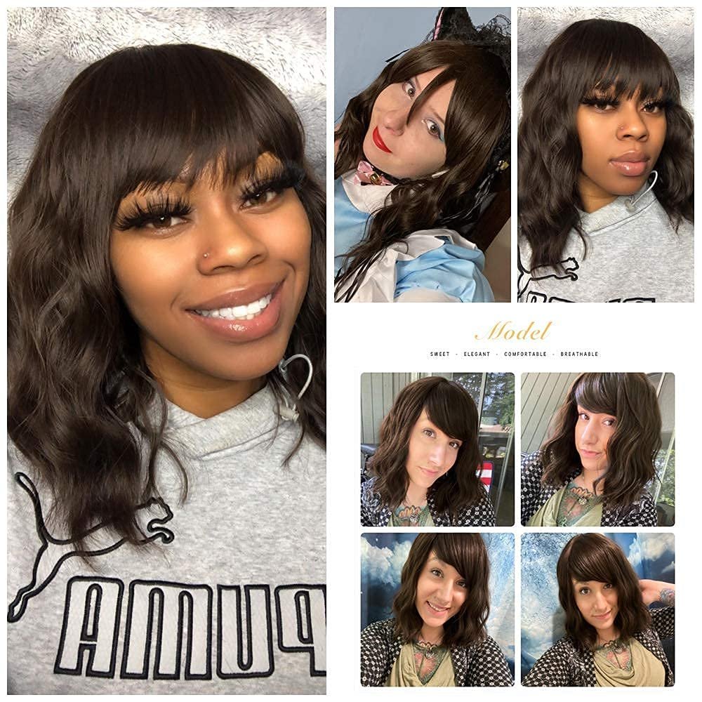 Nnzes Short Bob Wig with Bangs for Women Shoulder Length Bob Curly Wig Dark Brown Wavy Wig Synthetic Heat Resistant Fiber Hair for Daily Party Use - Image 5