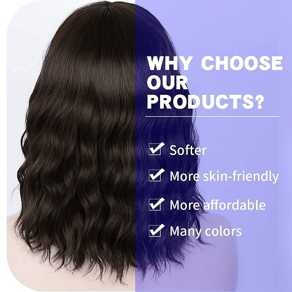 Nnzes Short Bob Wig with Bangs for Women Shoulder Length Bob Curly Wig Dark Brown Wavy Wig Synthetic Heat Resistant Fiber Hair for Daily Party Use - Image 7