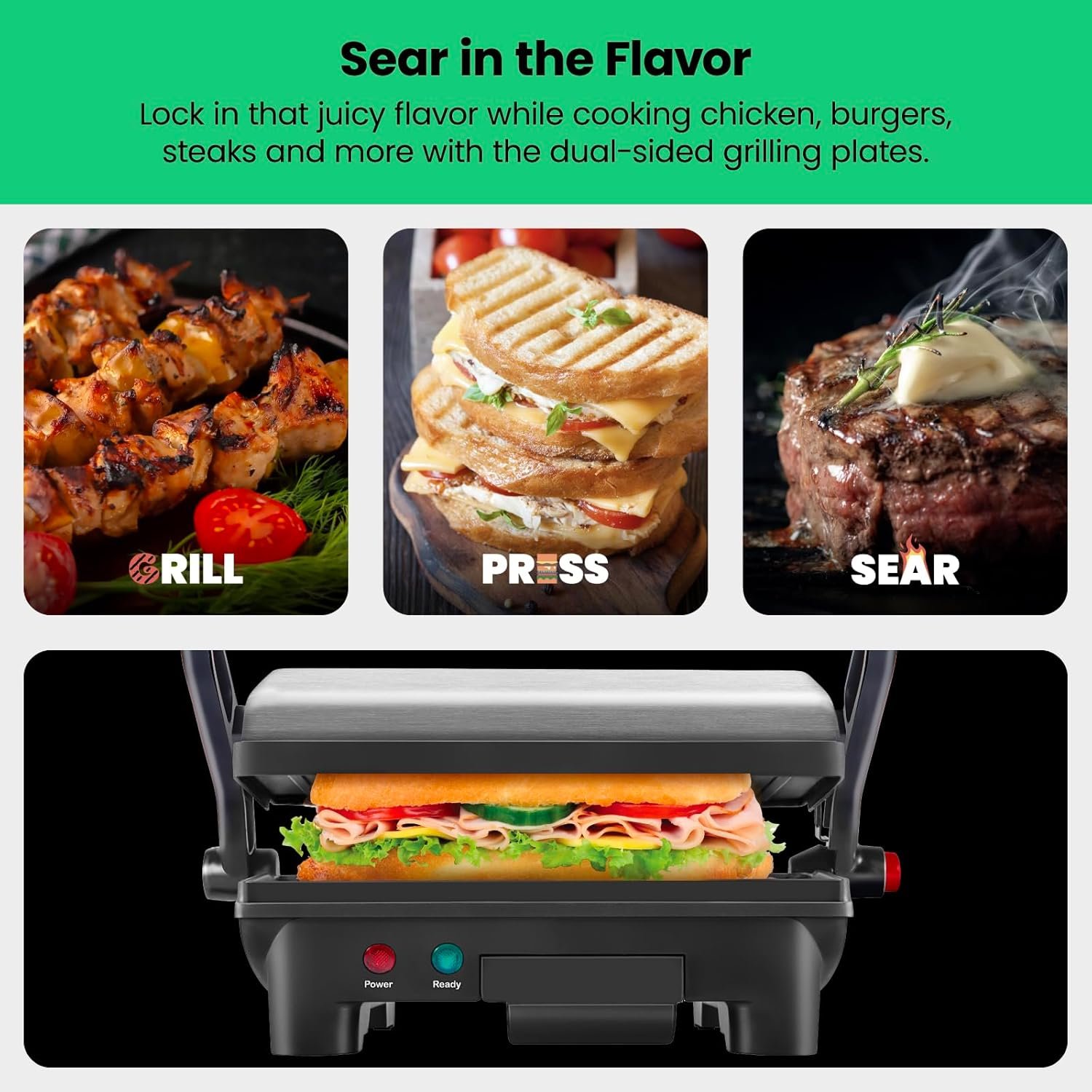 Chefman Electric Panini Press Grill and Gourmet Sandwich Maker w/ Non-Stick Coated Plates, Opens 180 Degrees to Fit Any Type or Size Food, Dishwasher Safe Removable Drip Tray, Stainless Steel/Black - Image 5