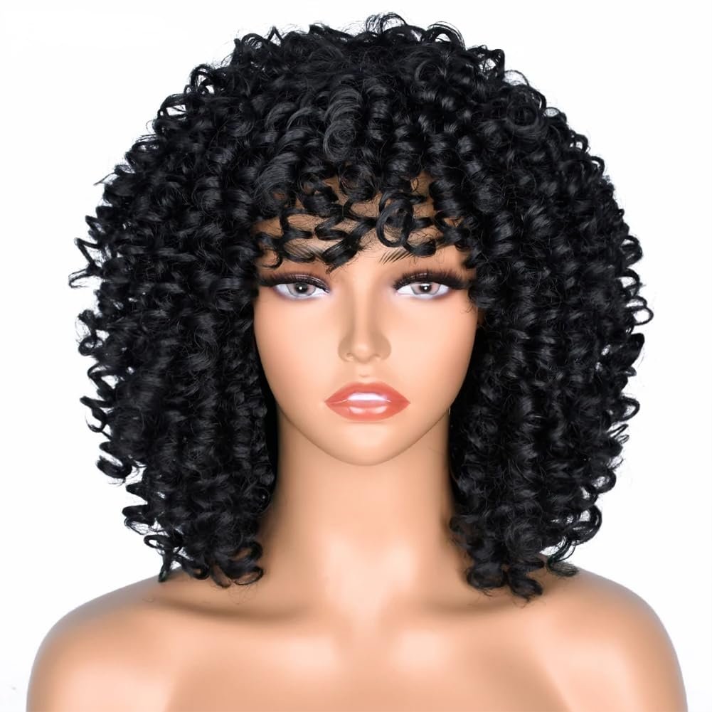 Short Black Curly Afro Wigs with Bangs for Black Women, Black Afro Wigs Kinky Curly Full Wigs Synthetic Heat Resistant Wigs For African Women With Wig Cap (Black) - Image 3