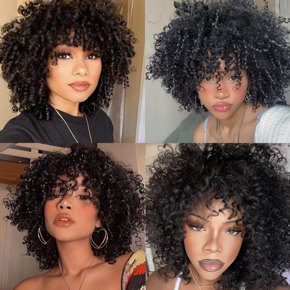 Short Black Curly Afro Wigs with Bangs for Black Women, Black Afro Wigs Kinky Curly Full Wigs Synthetic Heat Resistant Wigs For African Women With Wig Cap (Black) - Image 4