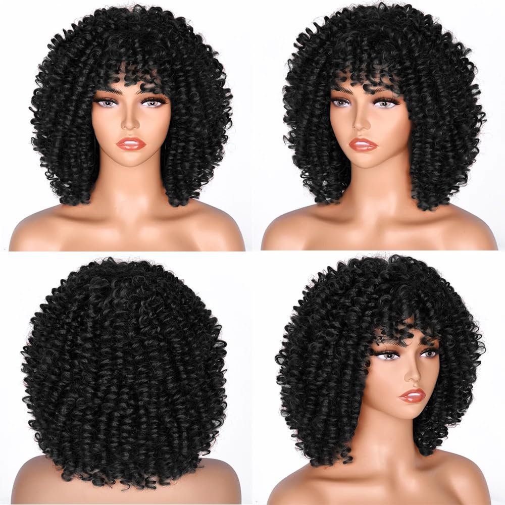 Short Black Curly Afro Wigs with Bangs for Black Women, Black Afro Wigs Kinky Curly Full Wigs Synthetic Heat Resistant Wigs For African Women With Wig Cap (Black) - Image 5