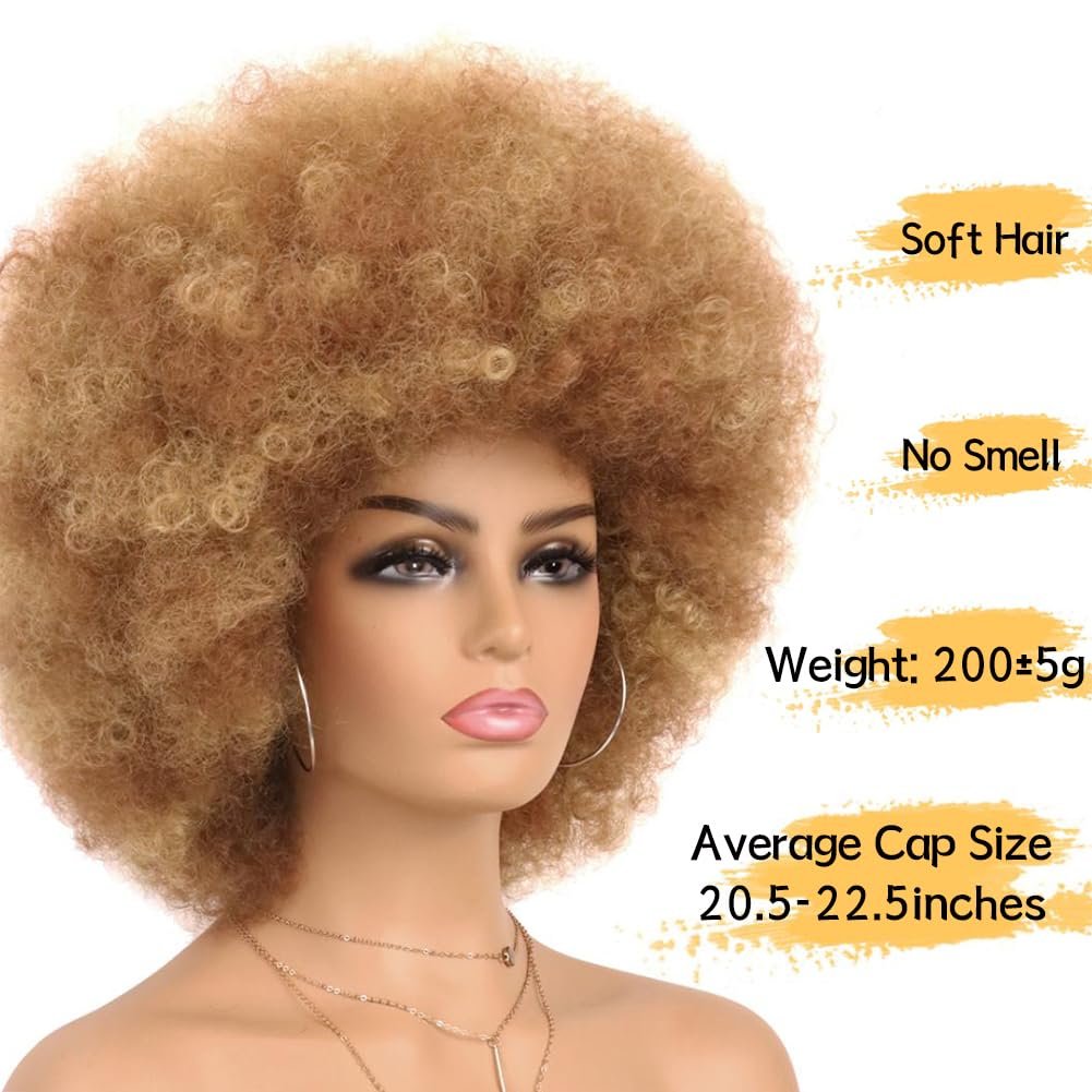 G&T Wig 70s Afro Wig Short Kinky Curly Colored Wigs for Women Glueless Wear and Go Wig Mixed Blonde Afro Wig Large Bouncy and Soft Natural Looking Heat Resistant Synthetic Hair Wigs - Image 4