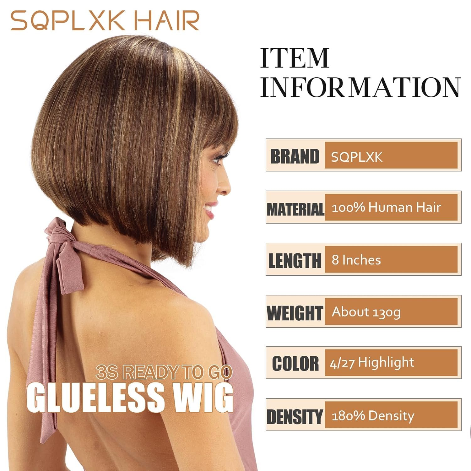 Short Bob Human Hair Wig with Bangs 4/27 Highlight Glueless None Lace Front Wigs Straight Brazilian Virgin Hair Machine Made Bob Wig for White Women 4/27 Brown Colored 8 Inch - Image 3