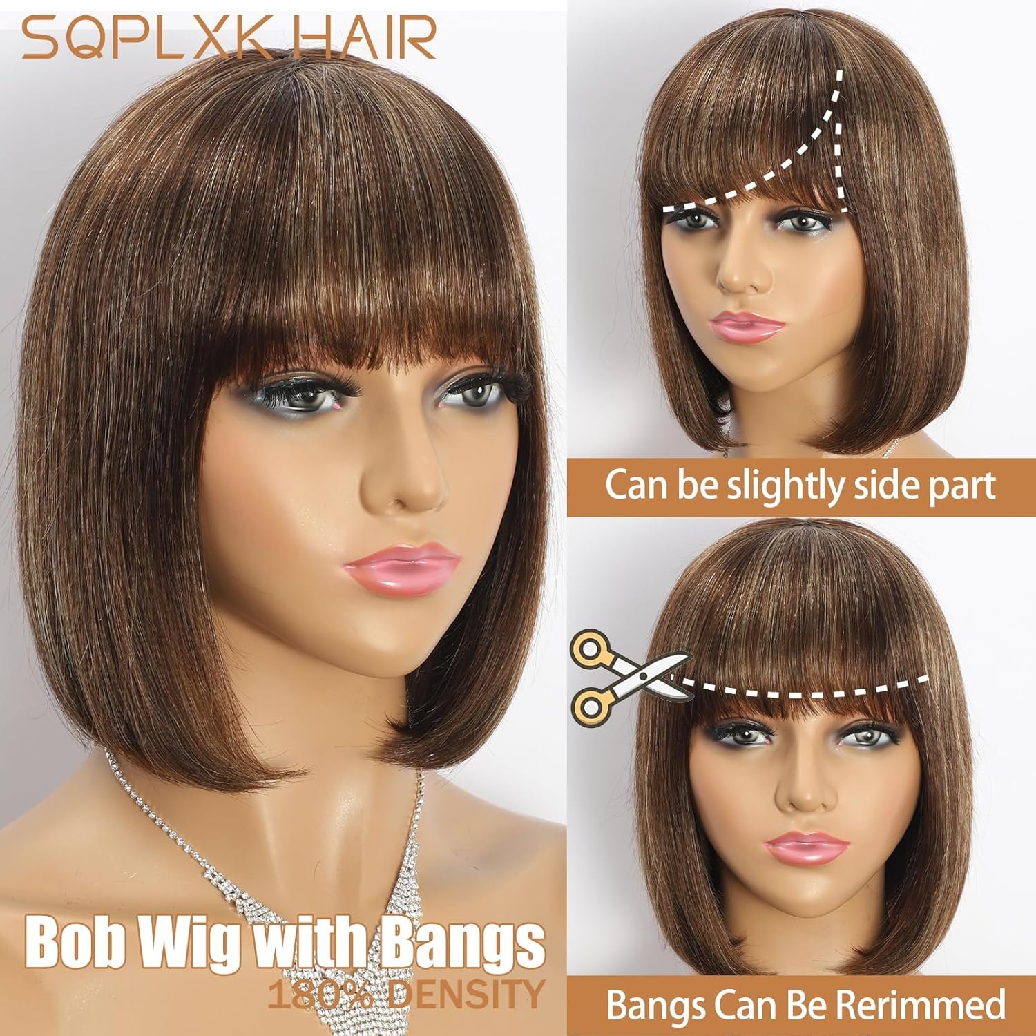 Short Bob Human Hair Wig with Bangs 4/27 Highlight Glueless None Lace Front Wigs Straight Brazilian Virgin Hair Machine Made Bob Wig for White Women 4/27 Brown Colored 8 Inch - Image 4