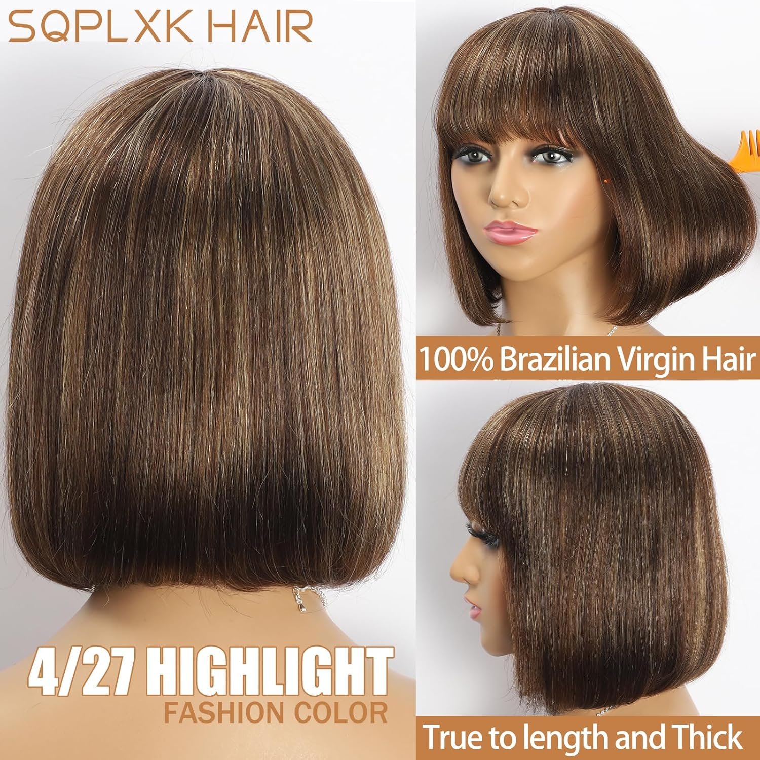 Short Bob Human Hair Wig with Bangs 4/27 Highlight Glueless None Lace Front Wigs Straight Brazilian Virgin Hair Machine Made Bob Wig for White Women 4/27 Brown Colored 8 Inch - Image 5