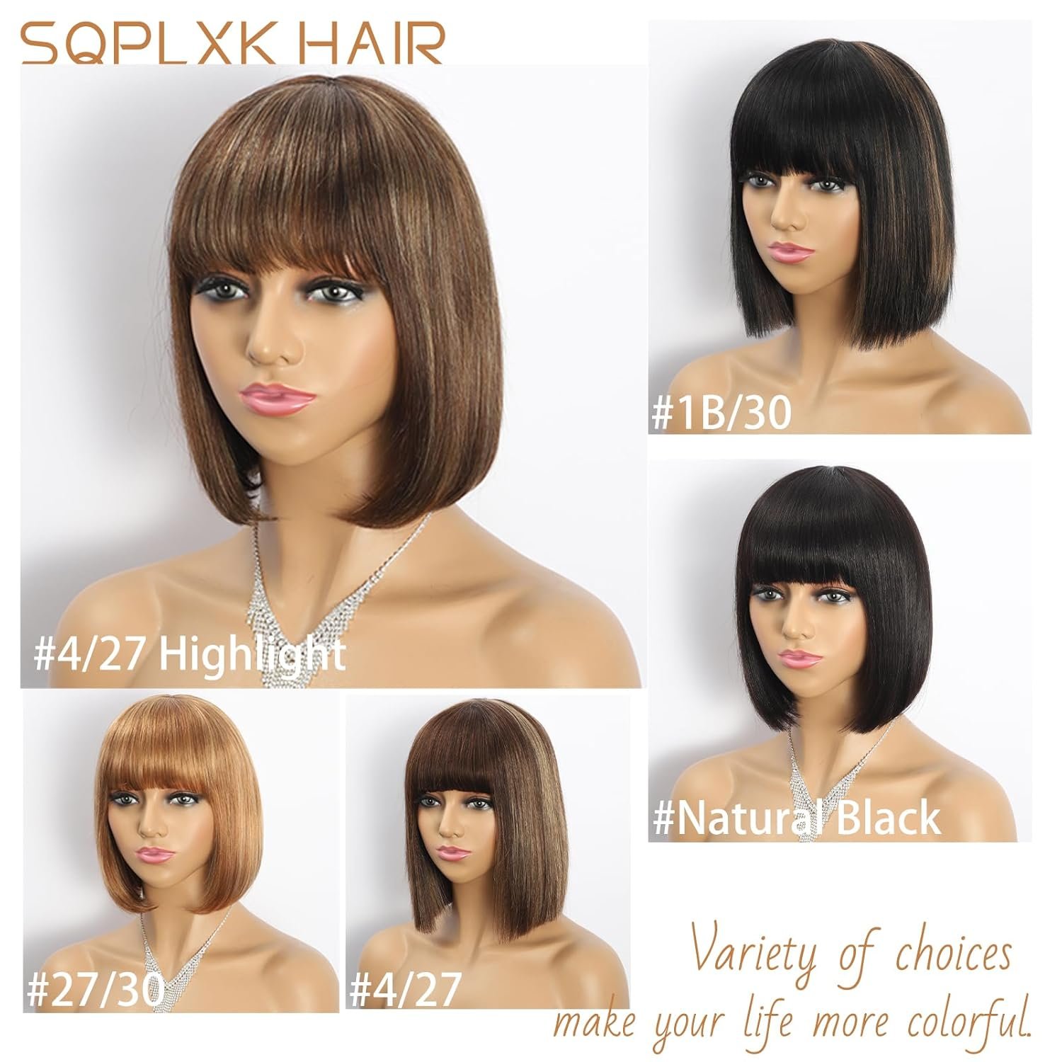 Short Bob Human Hair Wig with Bangs 4/27 Highlight Glueless None Lace Front Wigs Straight Brazilian Virgin Hair Machine Made Bob Wig for White Women 4/27 Brown Colored 8 Inch - Image 7