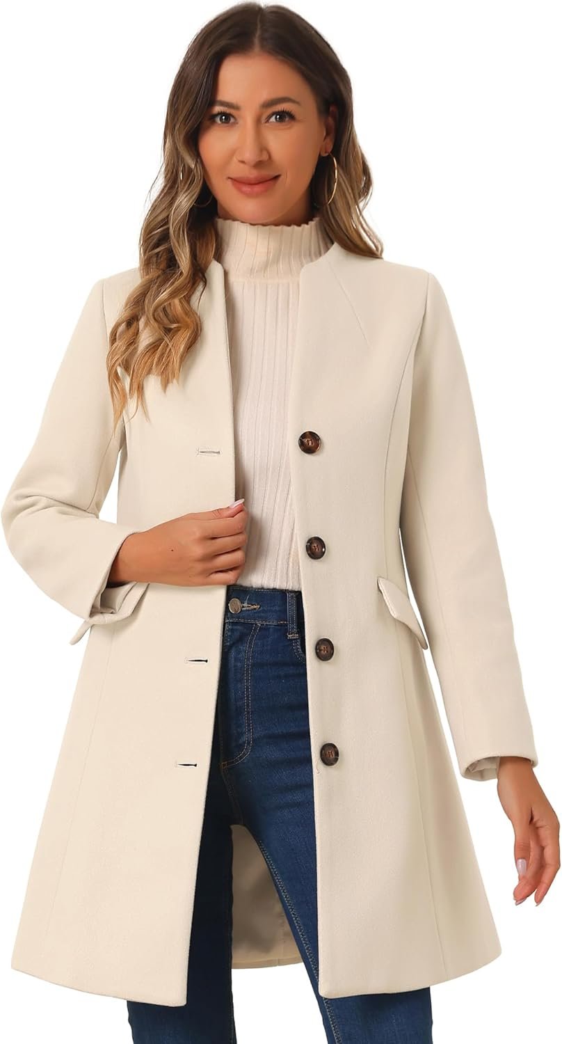 Allegra K Women's Winter Overcoat Pea Coat Elegant V Neck Single Breasted Coat Outerwear - Image 2