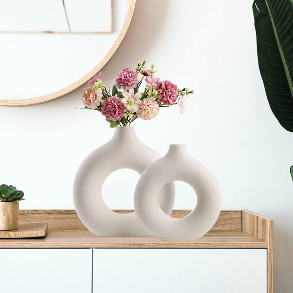 White Circle Ceramic Vase for Decor, Circular Matte ​Hollow Donut Flower Vases Decorative Minimalist Modern Nordic Boho Style for Home Living Room Office Bedroom Table (H7.5'' × W7.1'') - Image 3