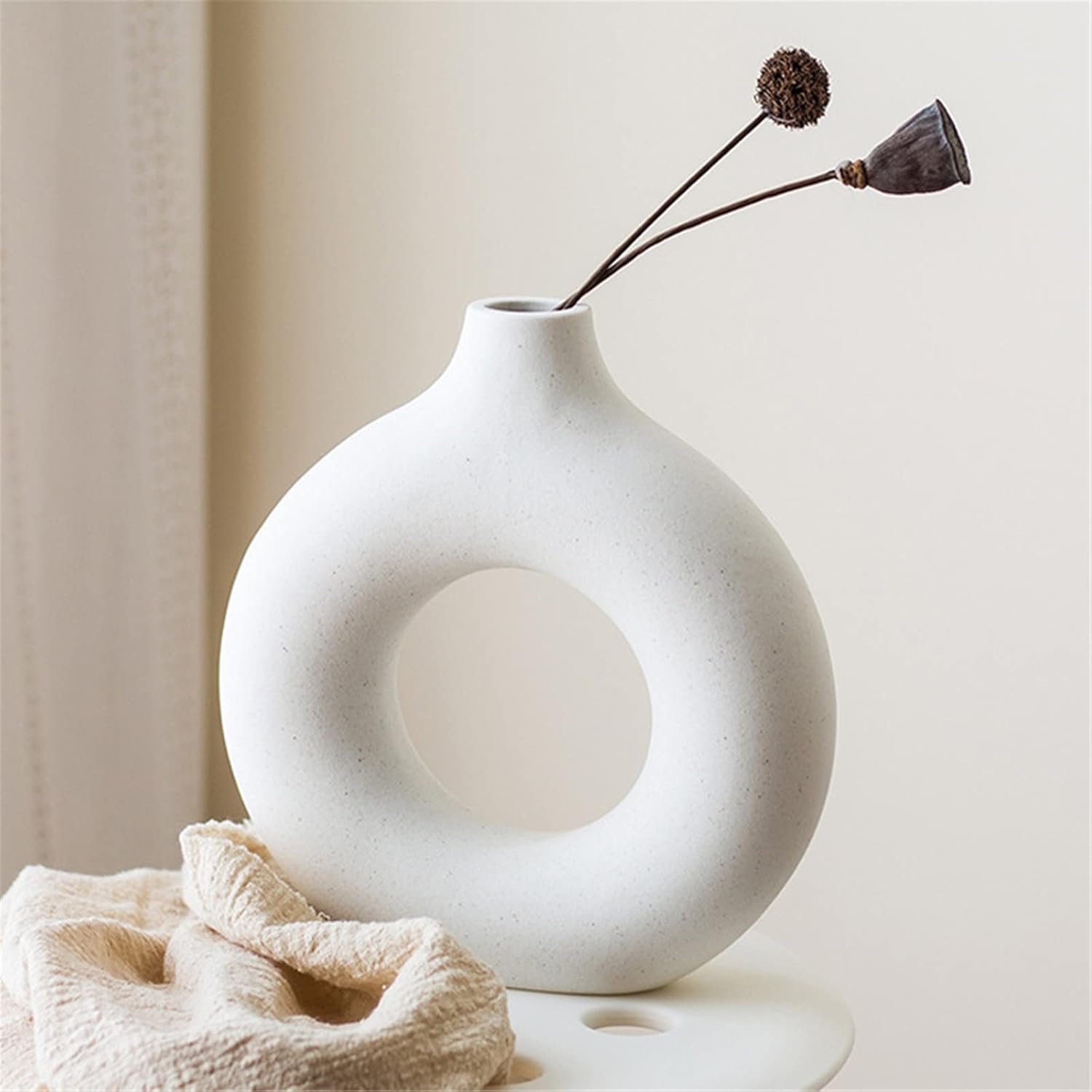 White Circle Ceramic Vase for Decor, Circular Matte ​Hollow Donut Flower Vases Decorative Minimalist Modern Nordic Boho Style for Home Living Room Office Bedroom Table (H7.5'' × W7.1'') - Image 4