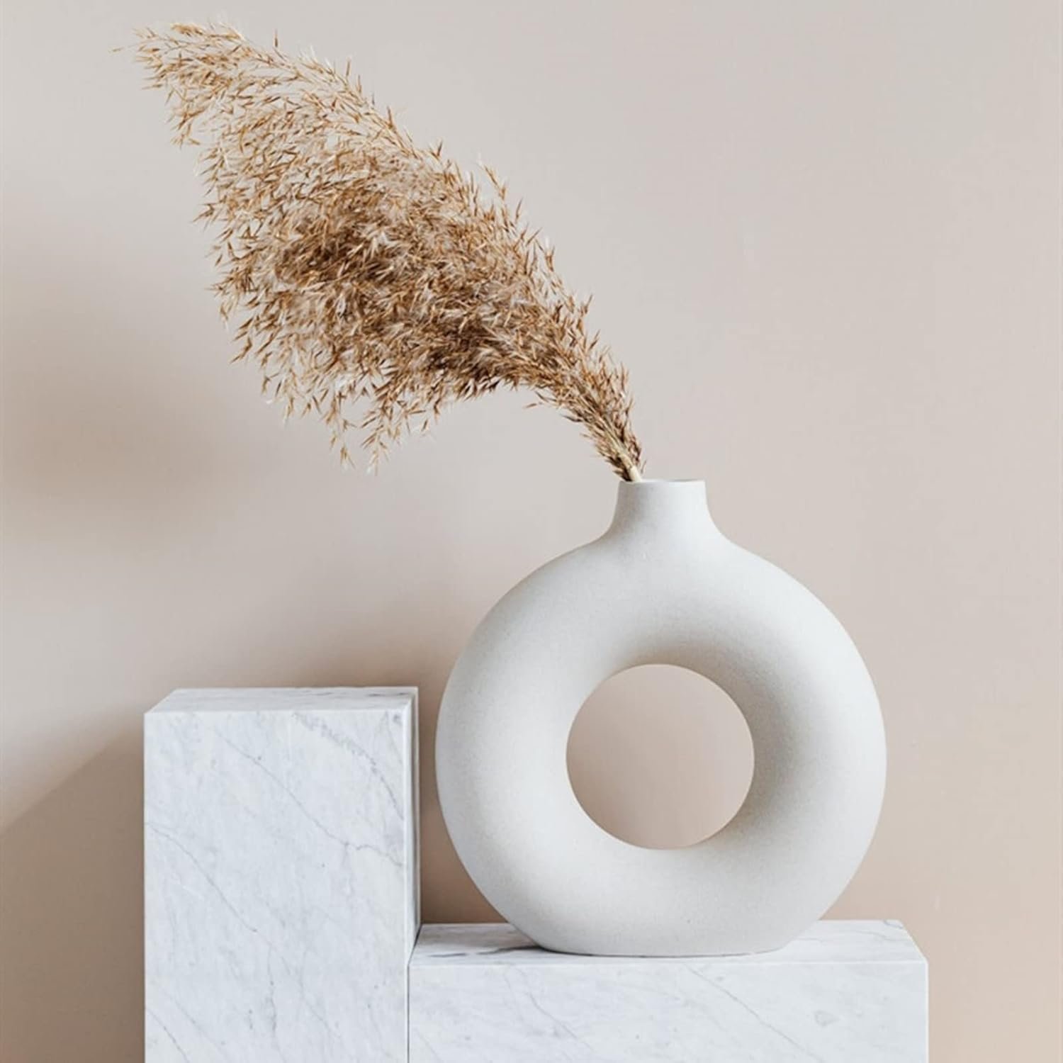 White Circle Ceramic Vase for Decor, Circular Matte ​Hollow Donut Flower Vases Decorative Minimalist Modern Nordic Boho Style for Home Living Room Office Bedroom Table (H7.5'' × W7.1'') - Image 5