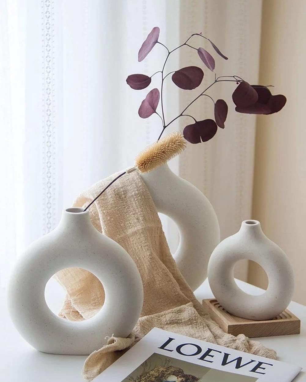 White Circle Ceramic Vase for Decor, Circular Matte ​Hollow Donut Flower Vases Decorative Minimalist Modern Nordic Boho Style for Home Living Room Office Bedroom Table (H7.5'' × W7.1'') - Image 6